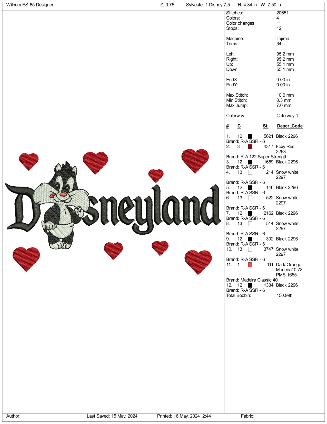 Baby Sylvester Disneyland Embroidery Design Files - 3 Size's