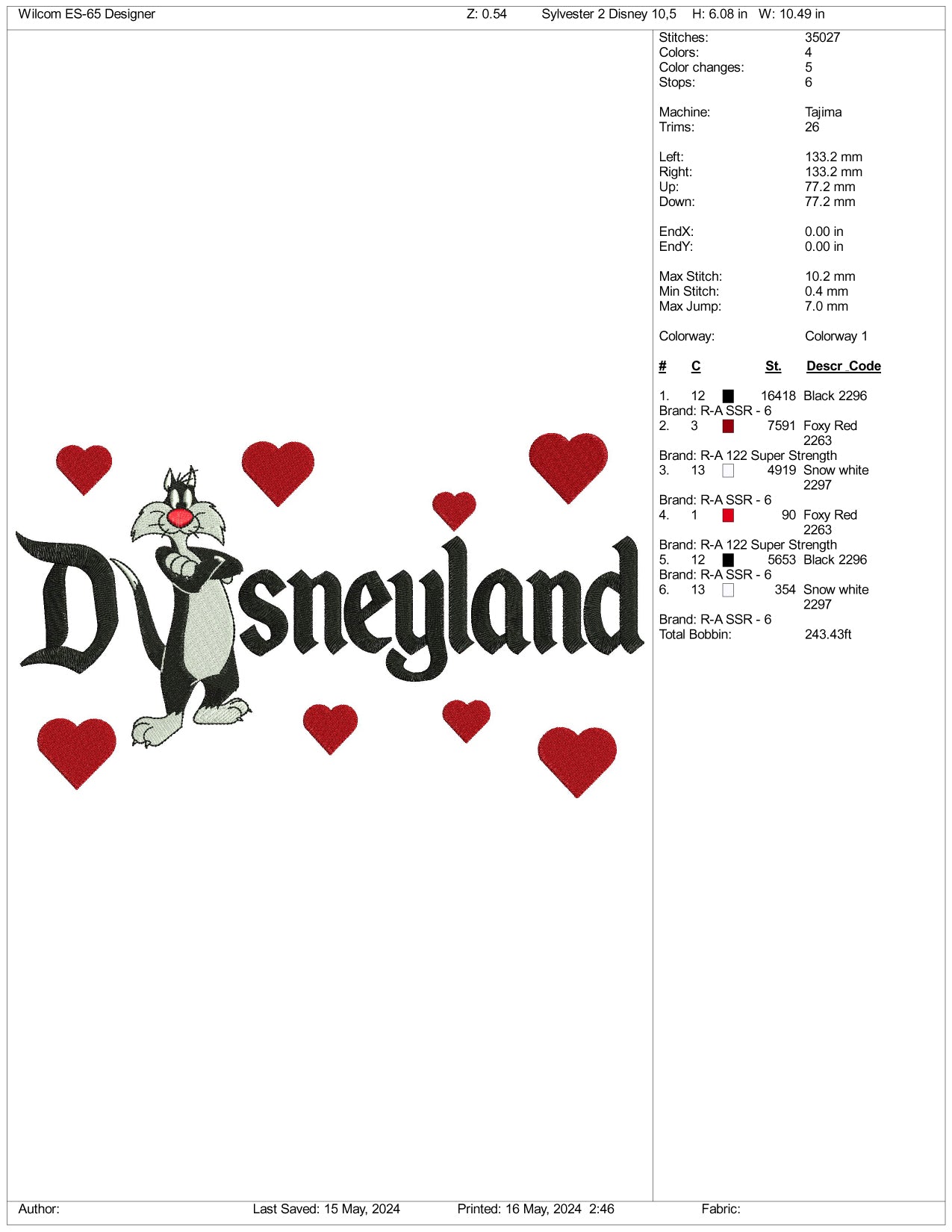 Sylvester Disneyland Embroidery Design Files - 3 Size's