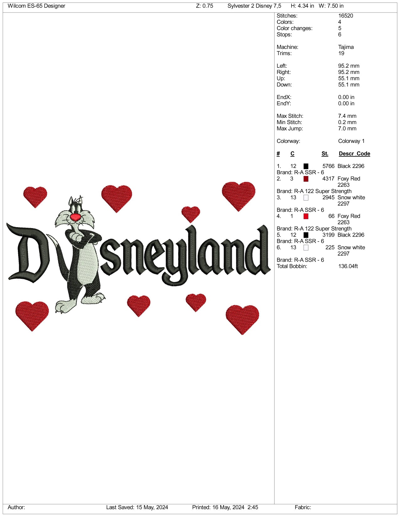 Sylvester Disneyland Embroidery Design Files - 3 Size's