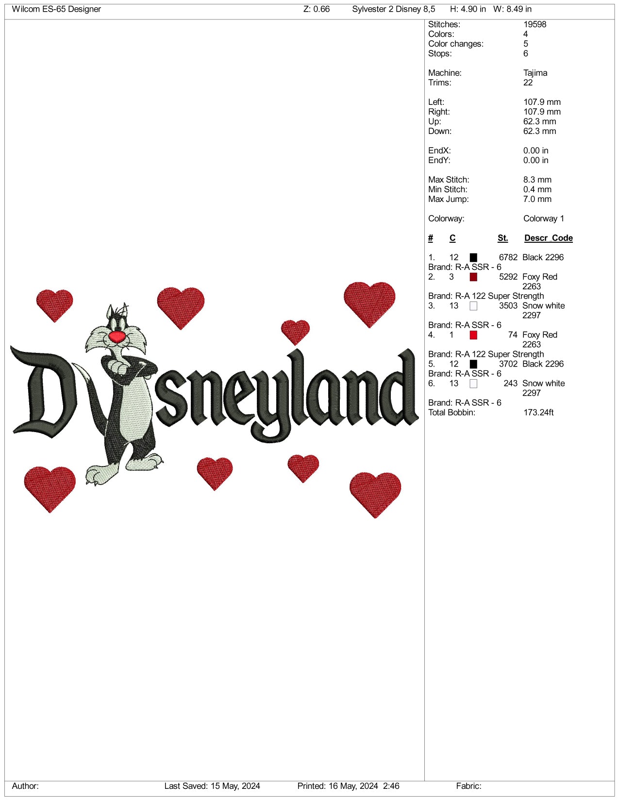 Sylvester Disneyland Embroidery Design Files - 3 Size's