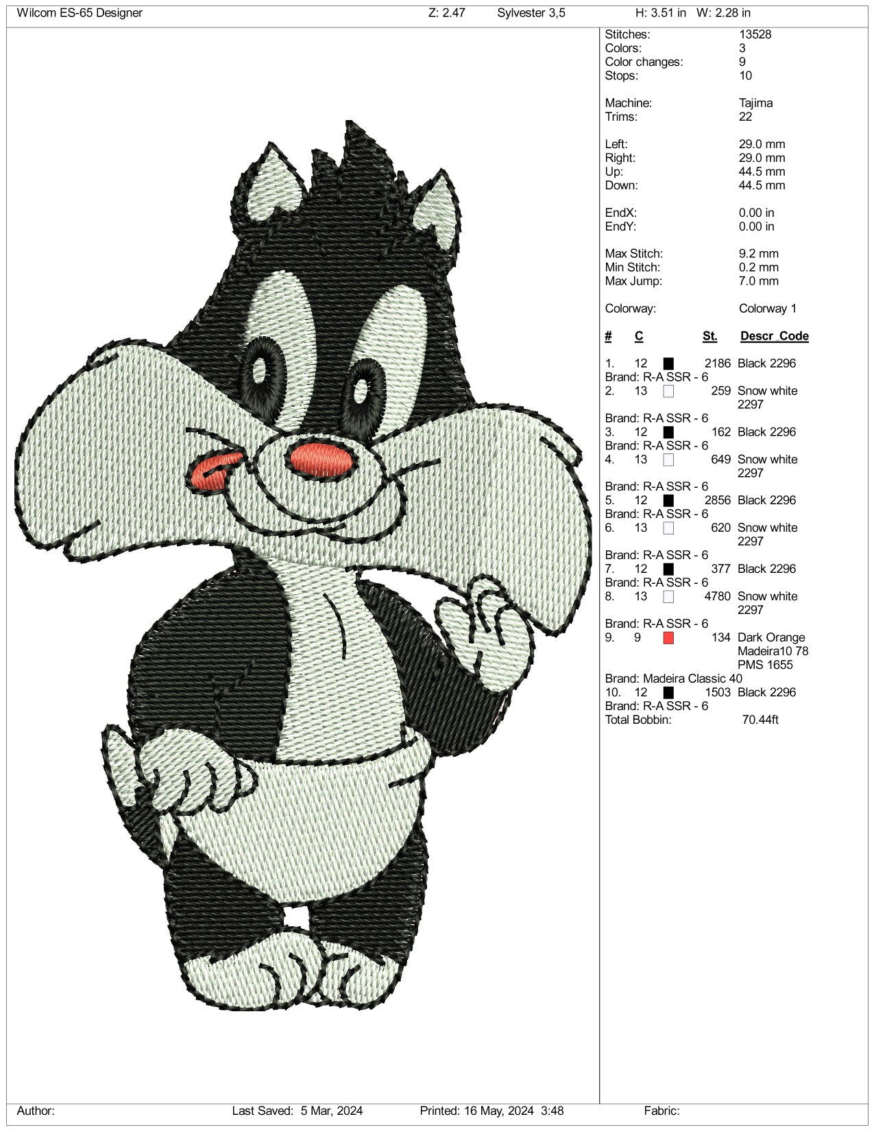 Baby Sylvester Embroidery Design Files - 3 Size's