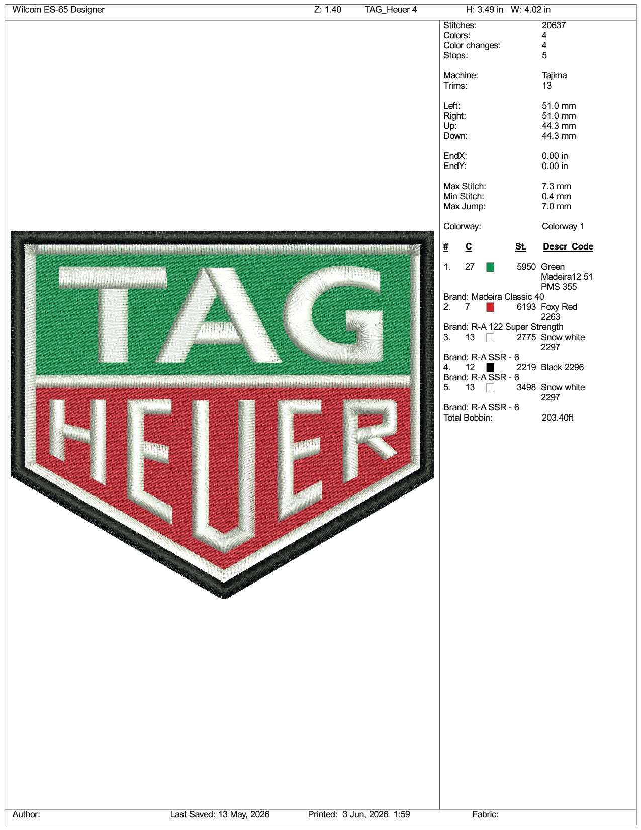 Tag Heuer Logo Embroidery Design Files - 3 Size's
