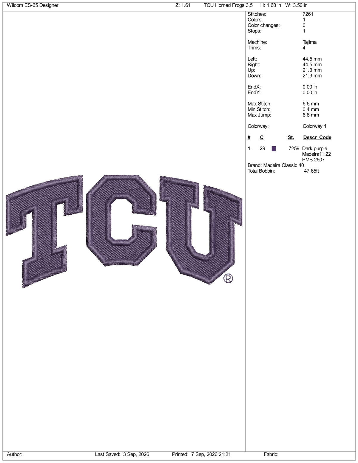 TCU Horned Frogs Logo Embroidery Design Files - 3 Size's