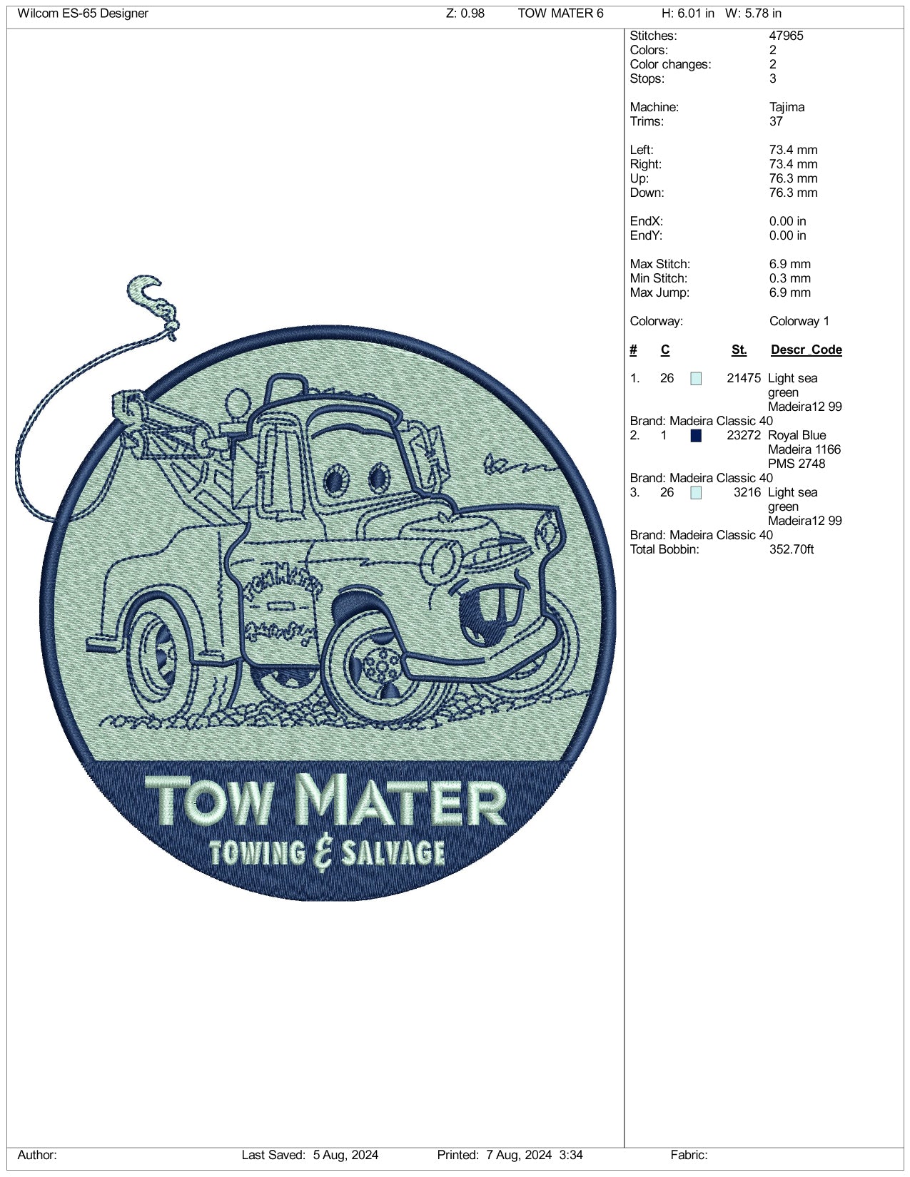 Tow Mater Embroidery Design Files - 3 Size's