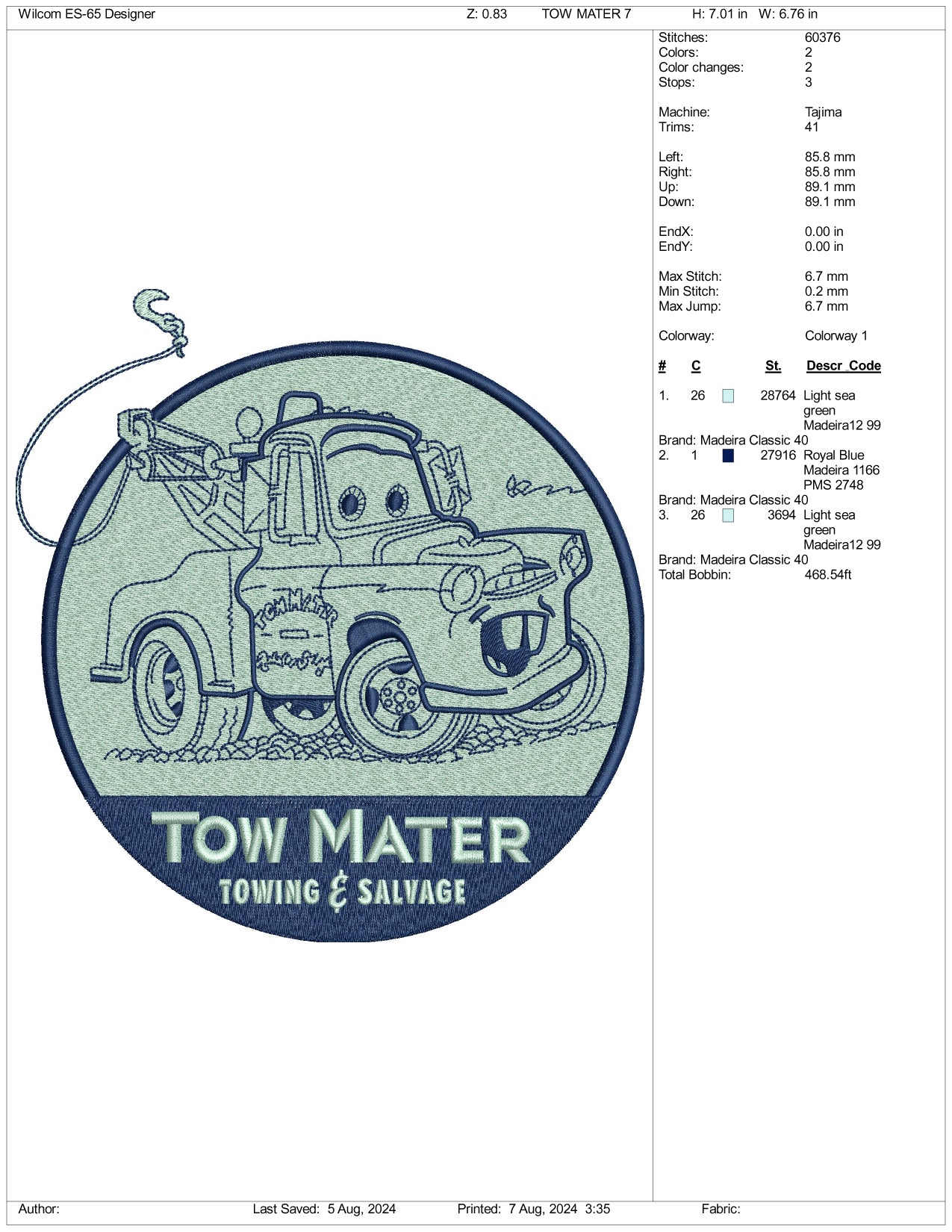 Tow Mater Embroidery Design Files - 3 Size's