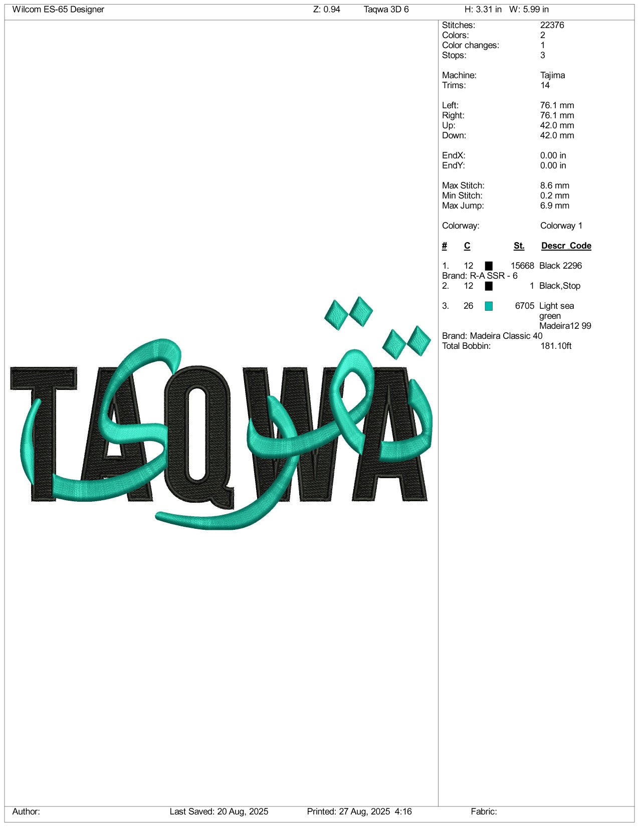 Taqwa Embroidery Design Files - 3 Size's