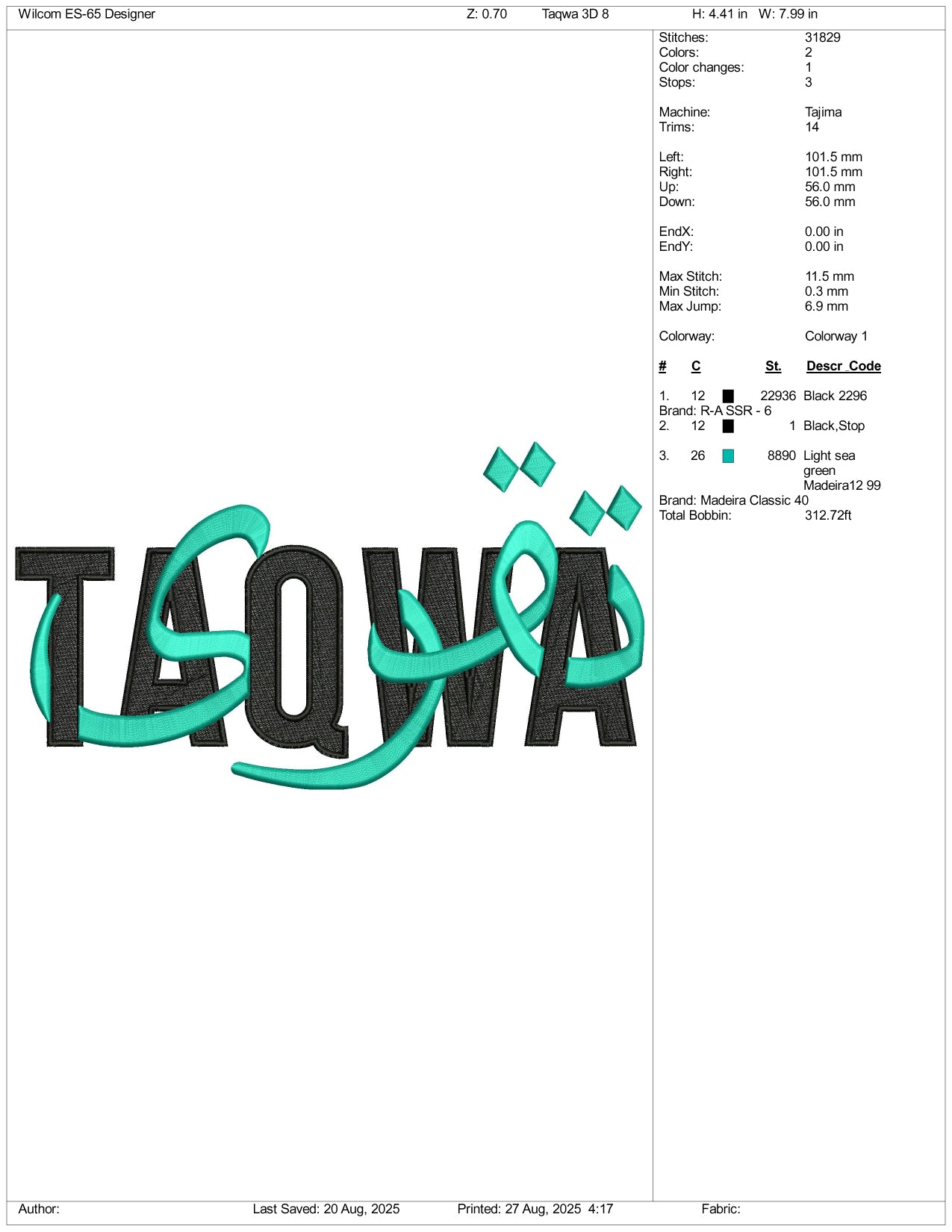 Taqwa Embroidery Design Files - 3 Size's