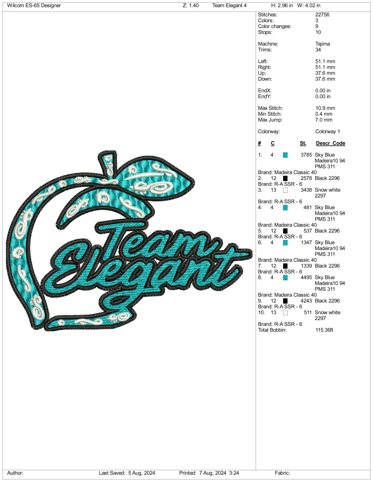 Team Elegant Embroidery Design Files - 3 Size's