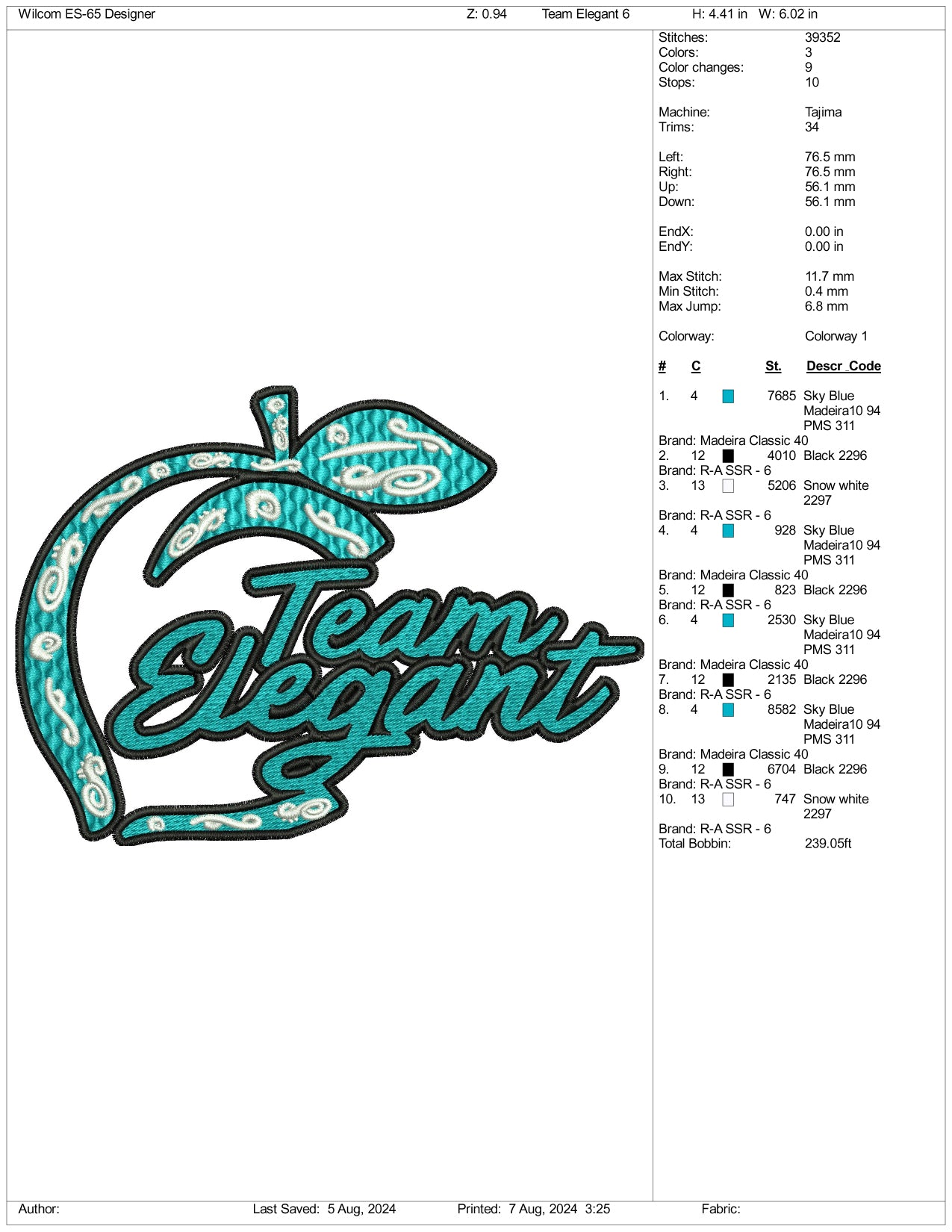 Team Elegant Embroidery Design Files - 3 Size's
