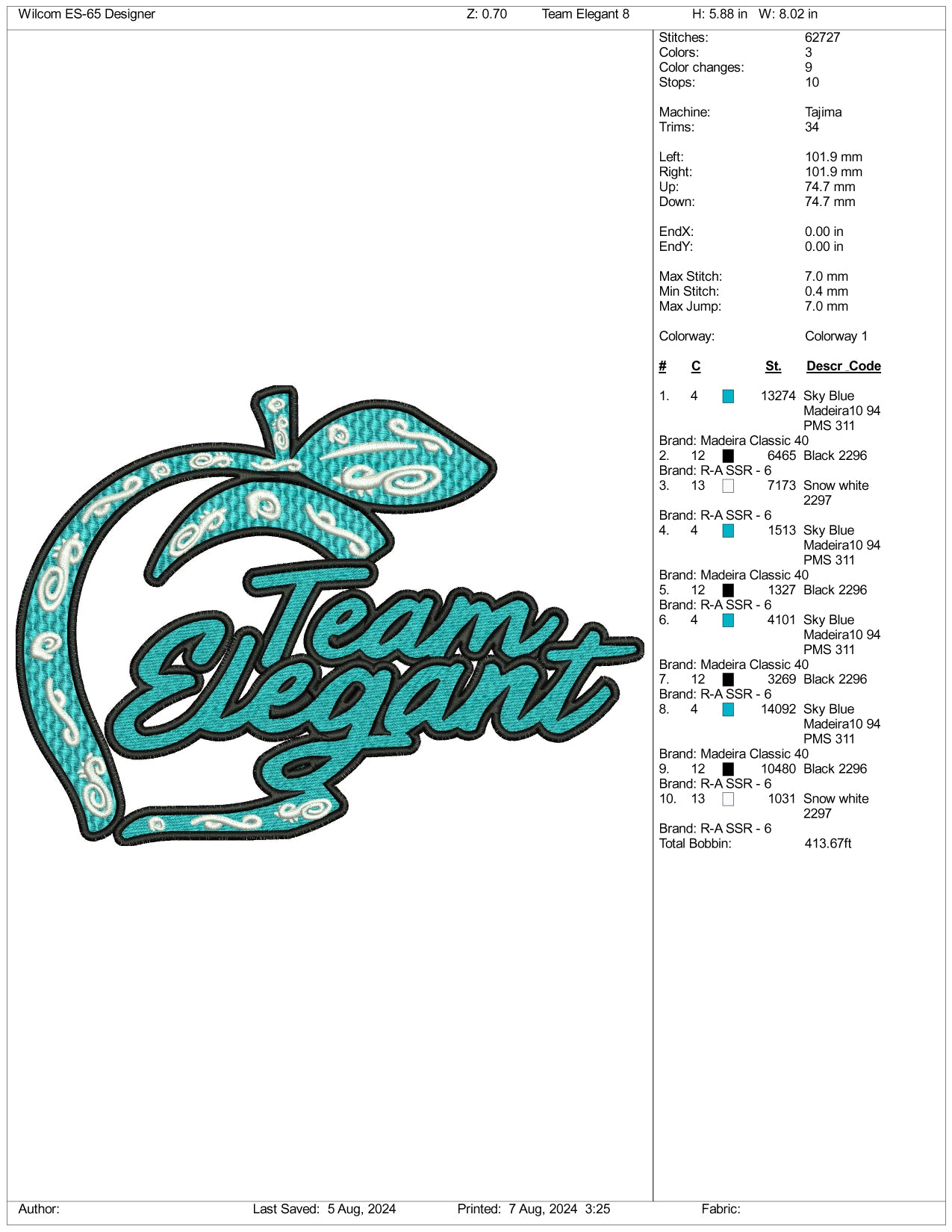 Team Elegant Embroidery Design Files - 3 Size's