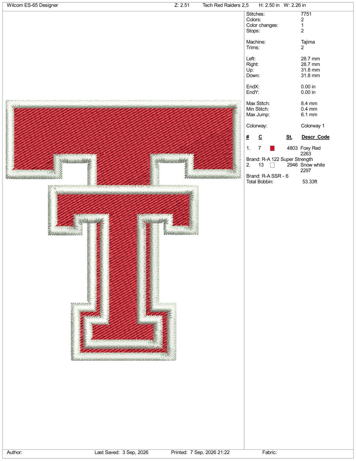 Tech Red Raiders Logo Embroidery Design Files - 3 Size's