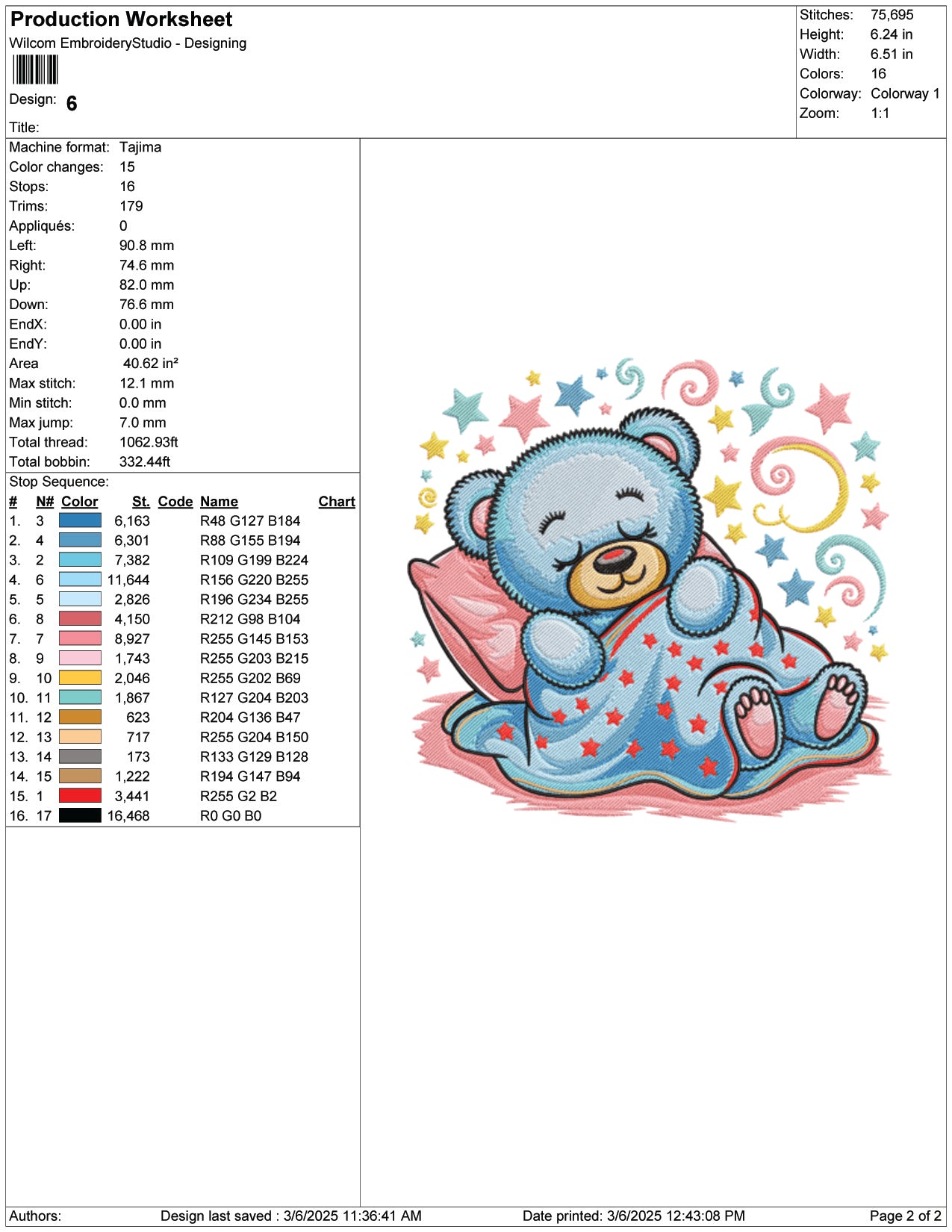 Teddy Bear Sleeping Embroidery Design Files - 7 Size's