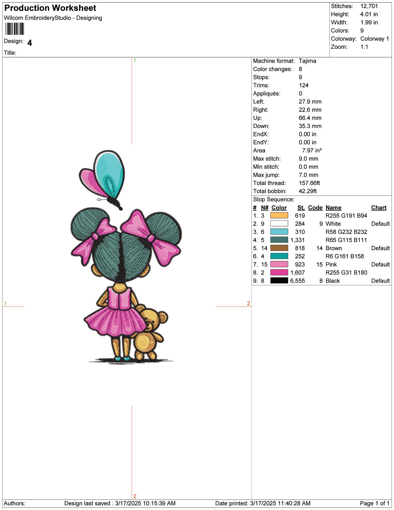 Teddy Bear Girl Embroidery Design Files - 9 Size's