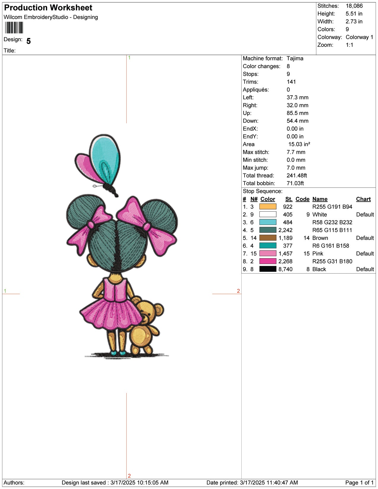 Teddy Bear Girl Embroidery Design Files - 9 Size's