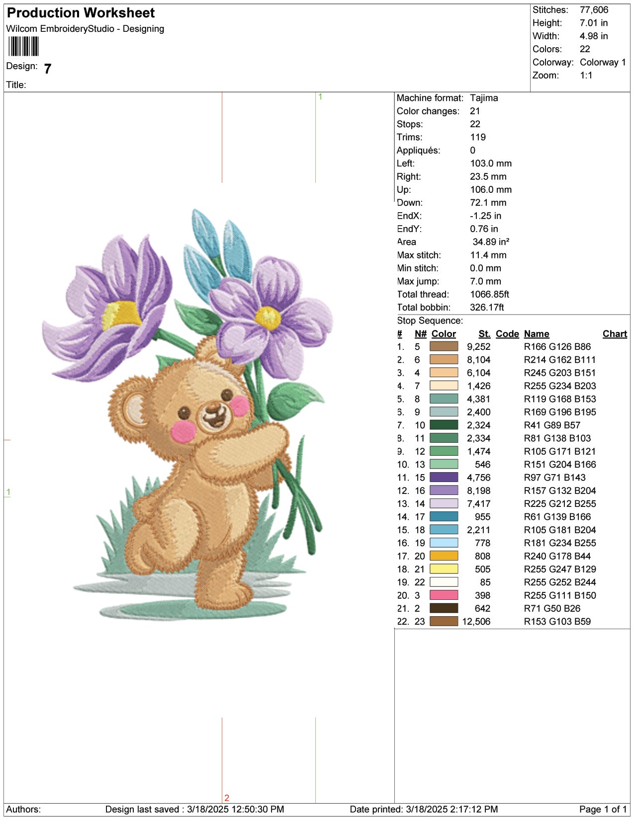 Teddy Bear with Flowers Embroidery Design Files - 7 Size's
