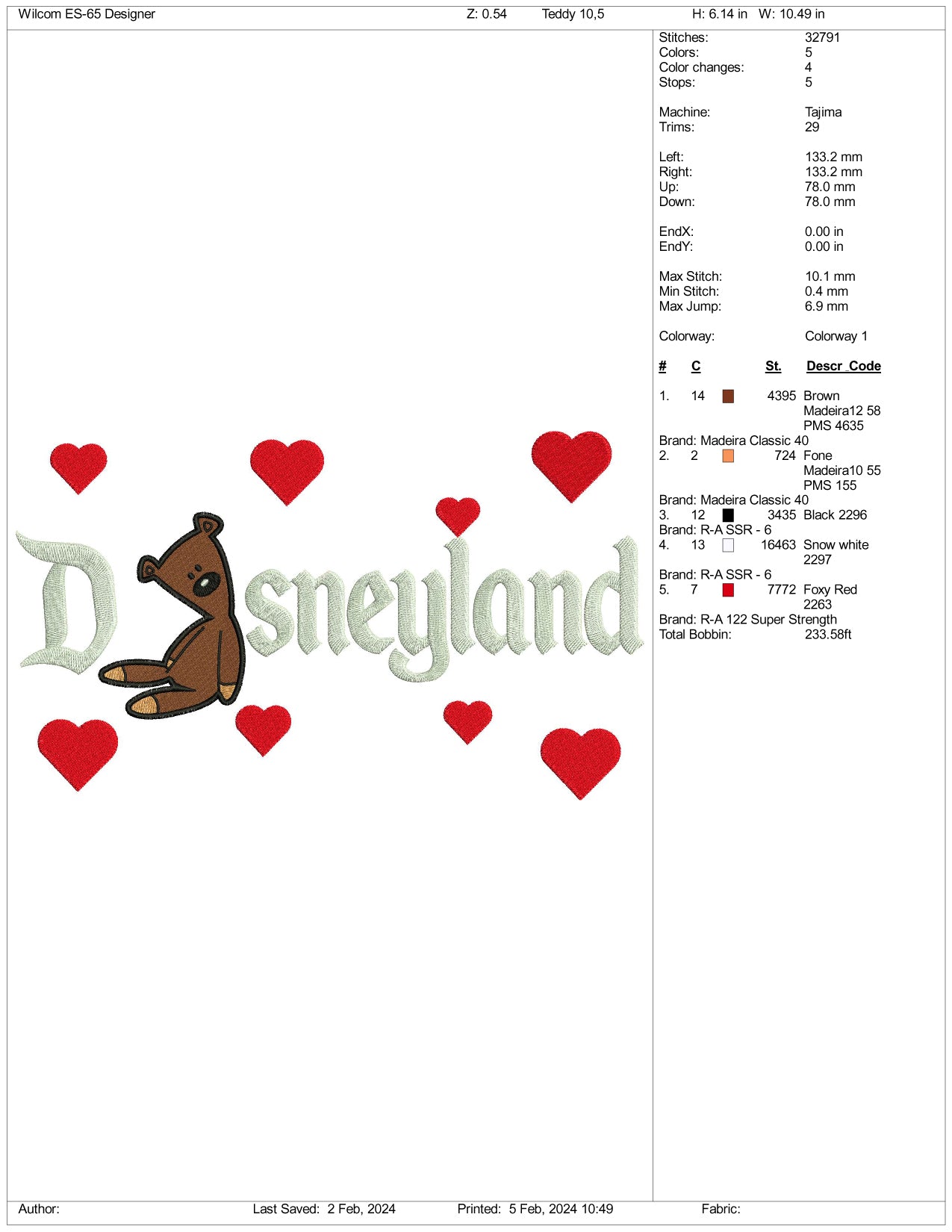 Mr Bean Teddy Disneyland Embroidery Design Files - 3 Size's