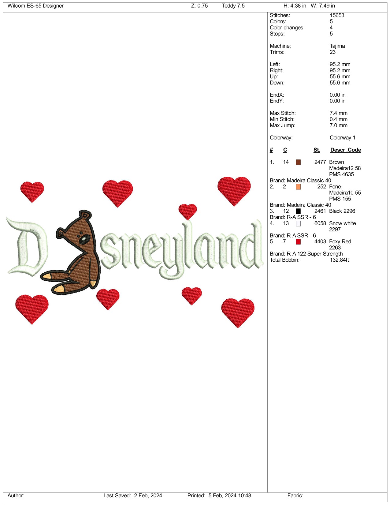 Mr Bean Teddy Disneyland Embroidery Design Files - 3 Size's