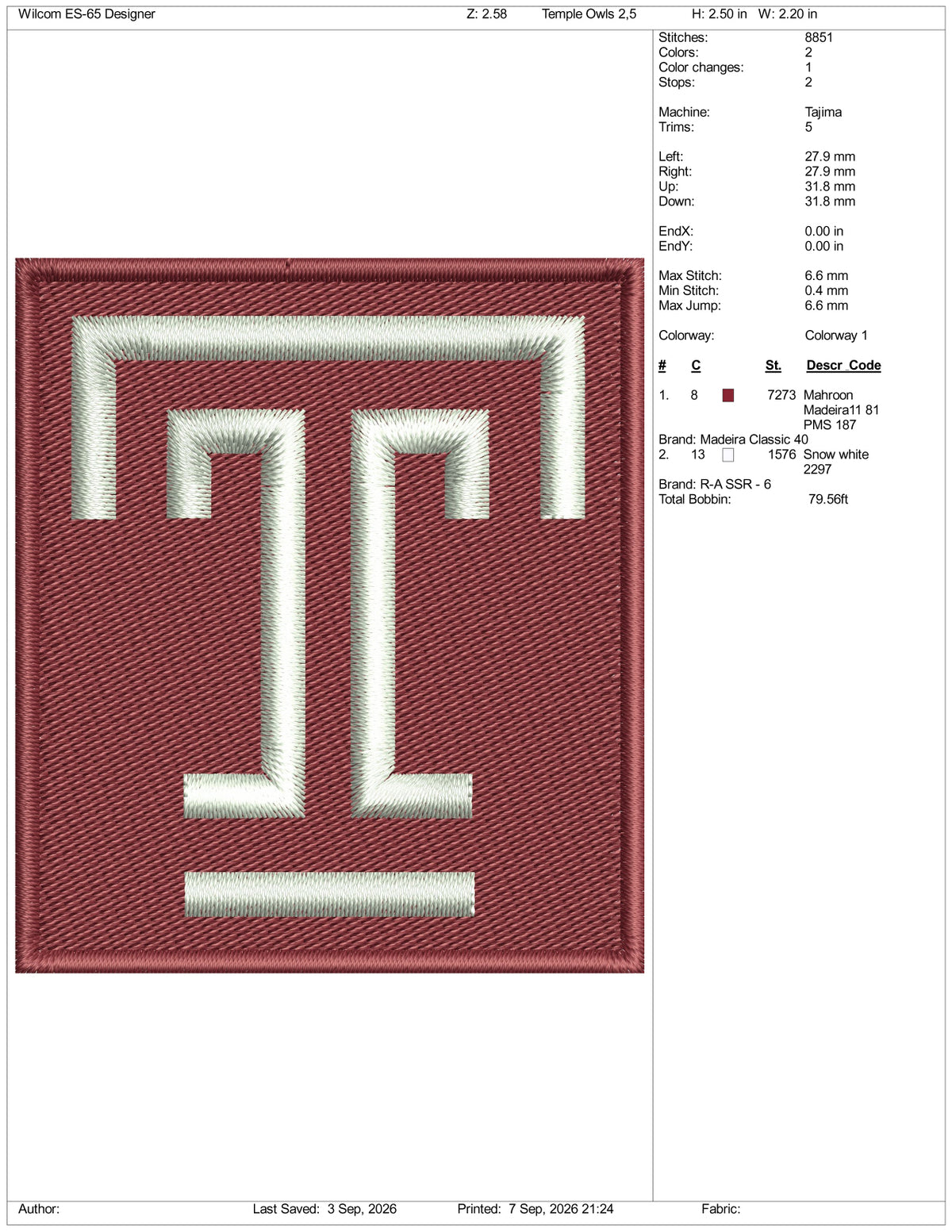 Temple Owls Logo Embroidery Design Files - 3 Size's