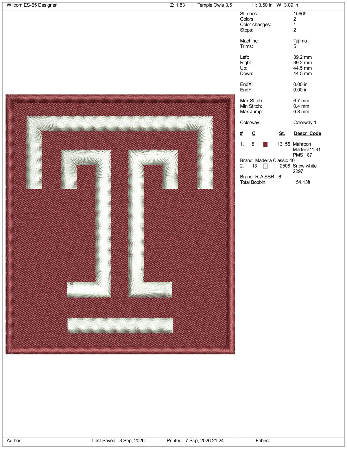 Temple Owls Logo Embroidery Design Files - 3 Size's