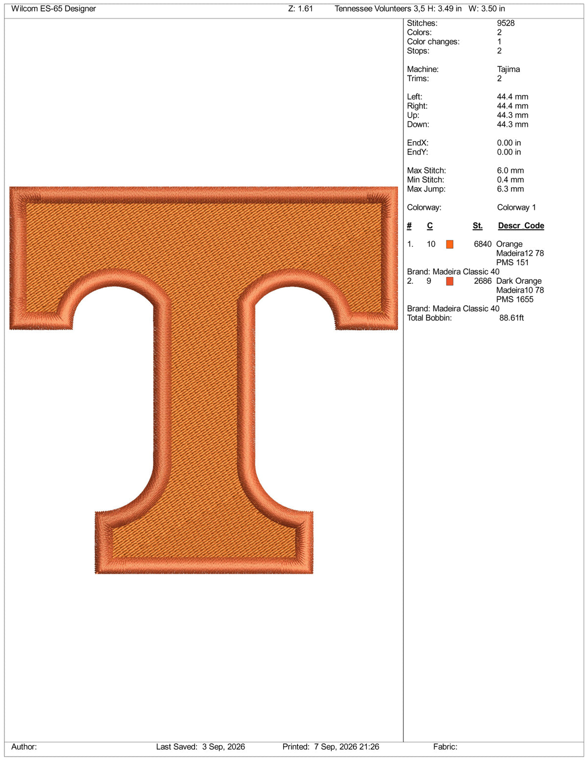 Tennessee Volunteers Logo Embroidery Design Files - 3 Size's