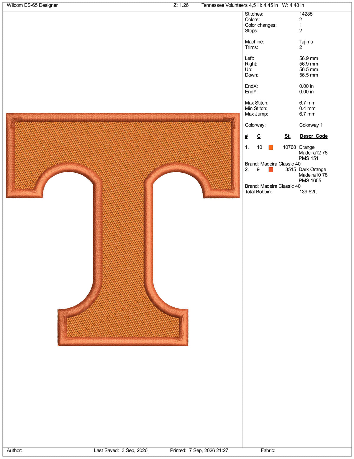 Tennessee Volunteers Logo Embroidery Design Files - 3 Size's