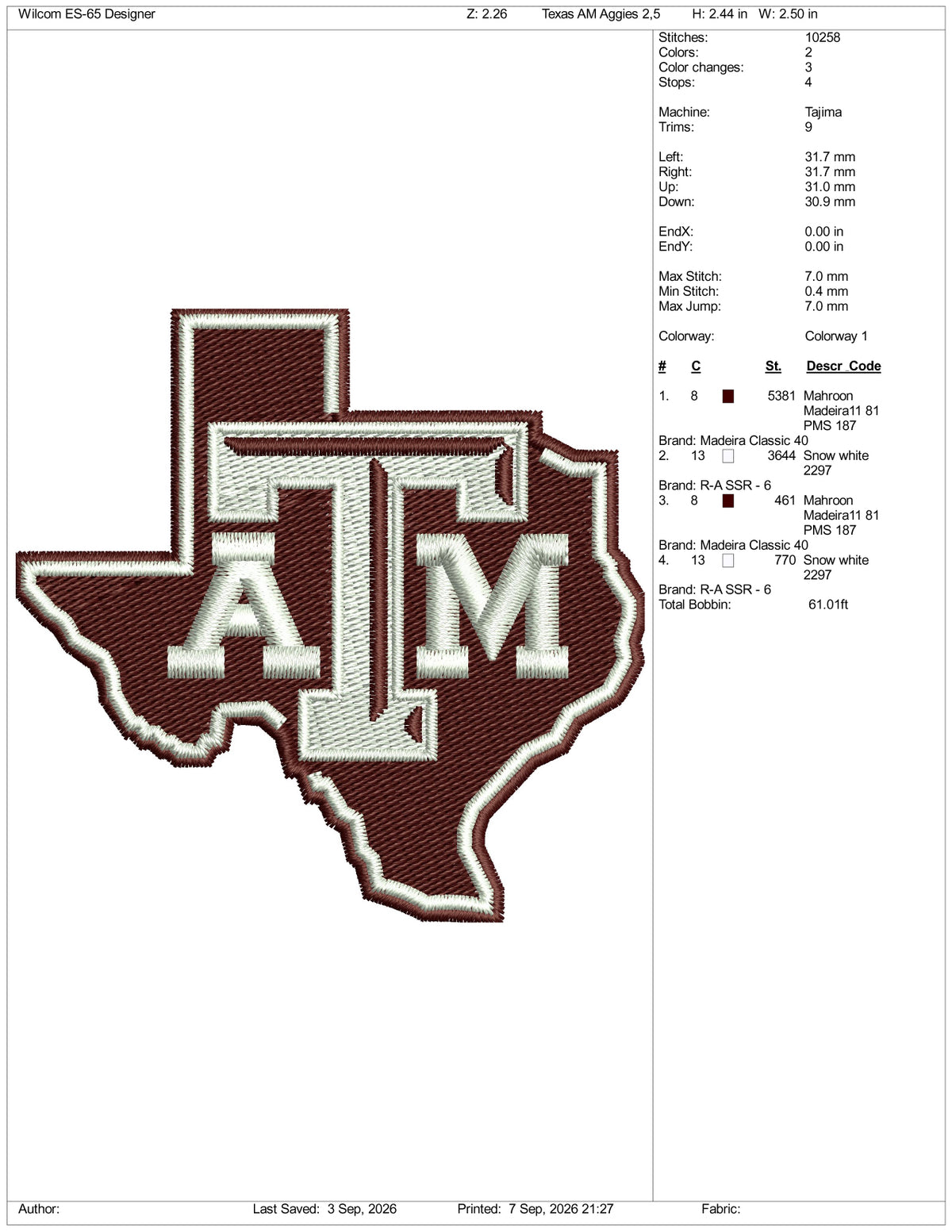 Texas AM Aggies Logo Embroidery Design Files - 3 Size's