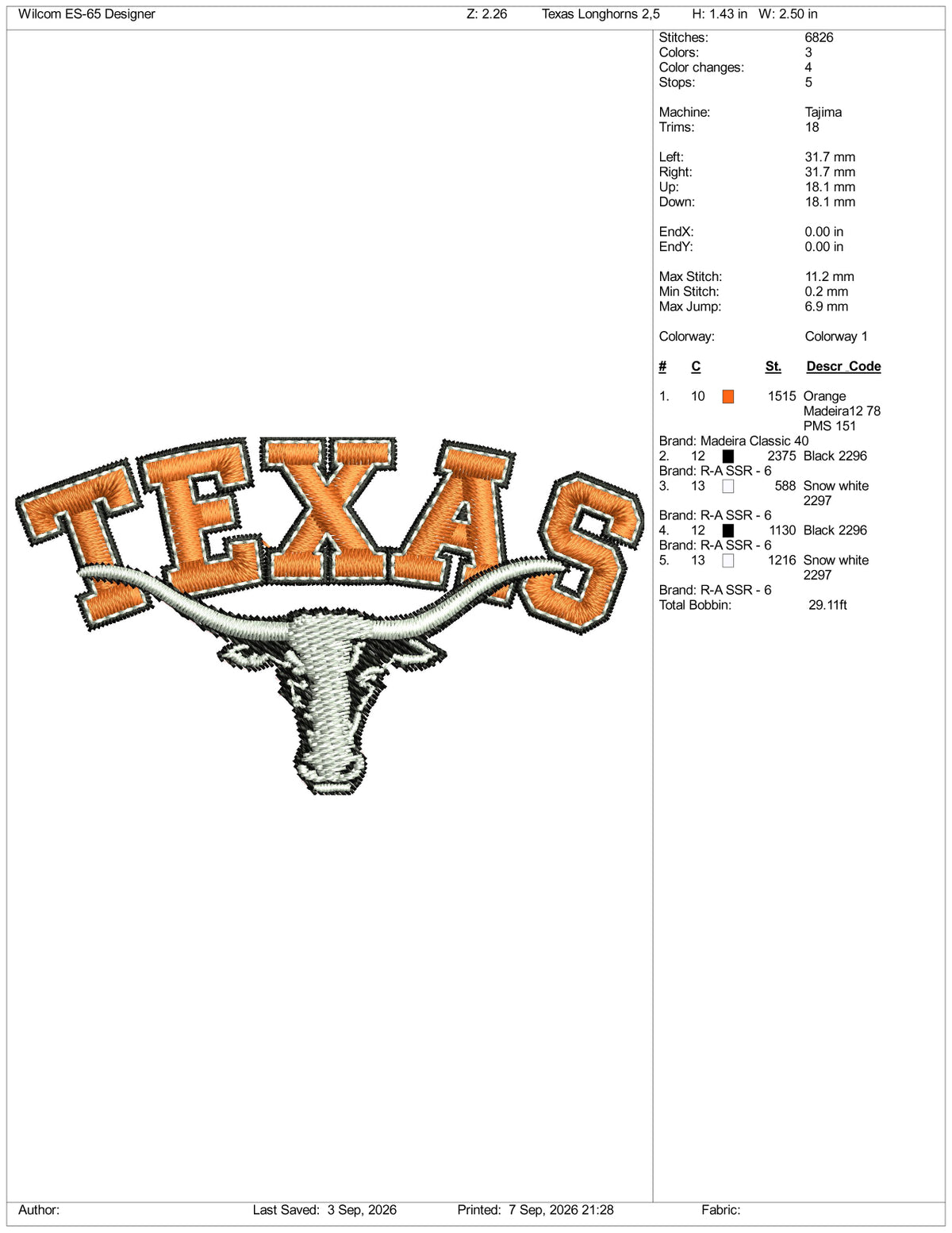 Texas Longhorns Logo Embroidery Design Files - 3 Size's