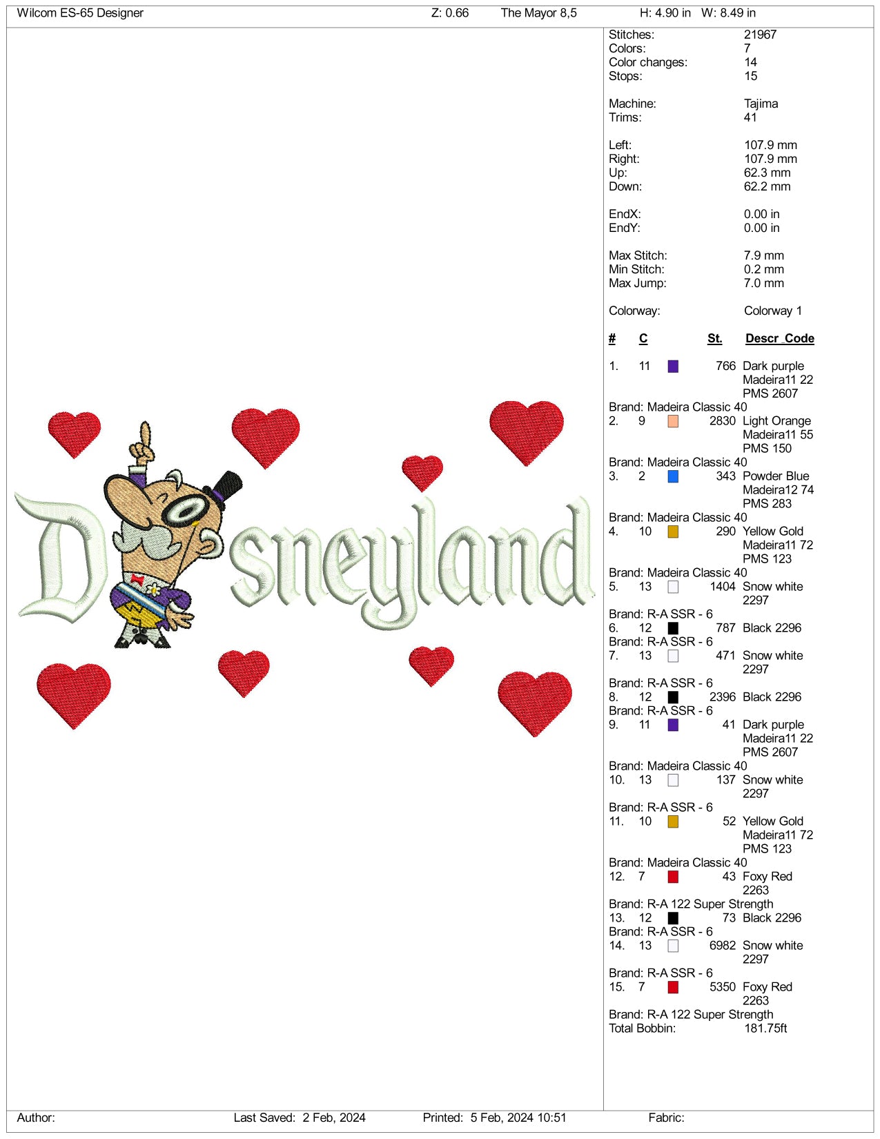 Mayor of Townsville Disneyland Embroidery Design Files - 3 Size's