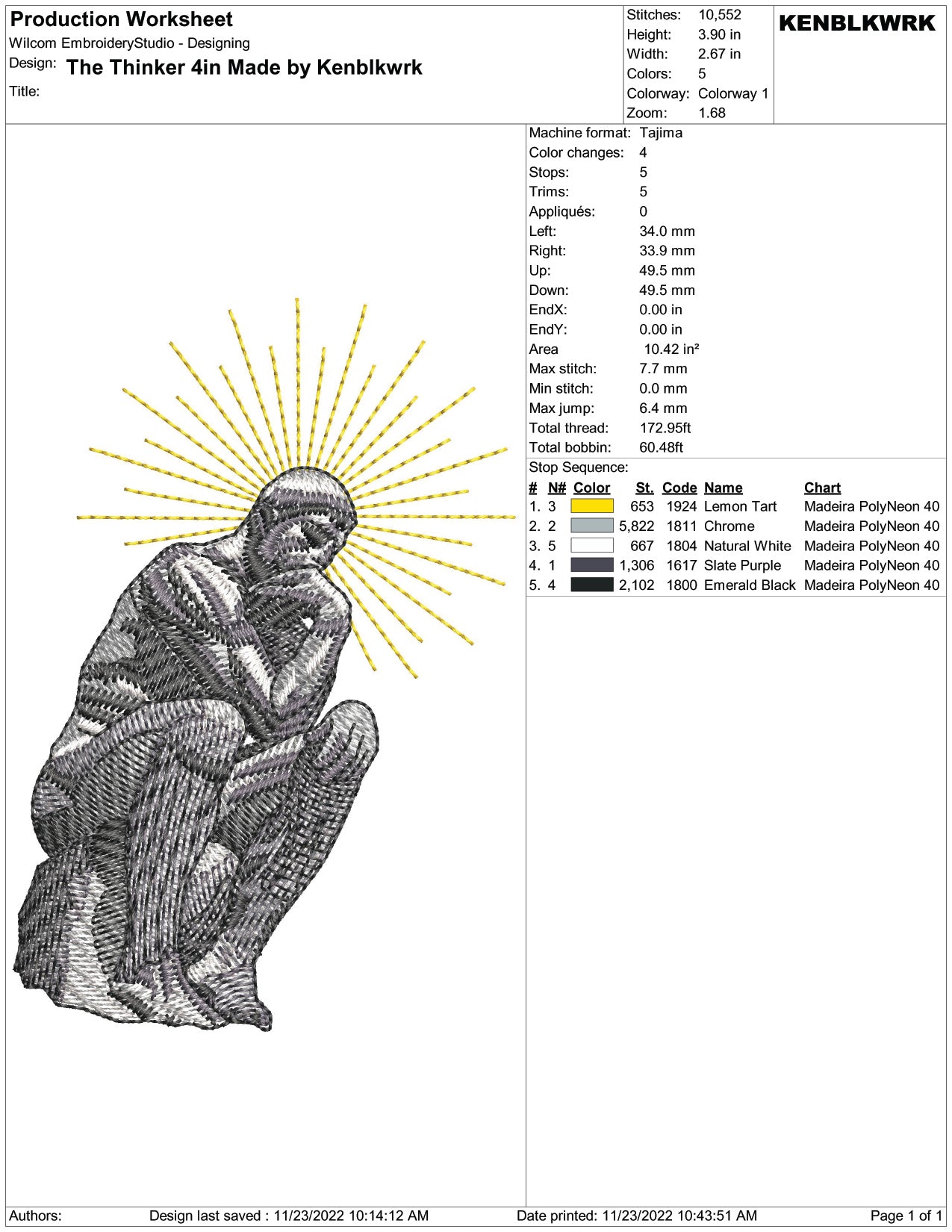 The Thinker Embroidery Design Files - 2 Size's