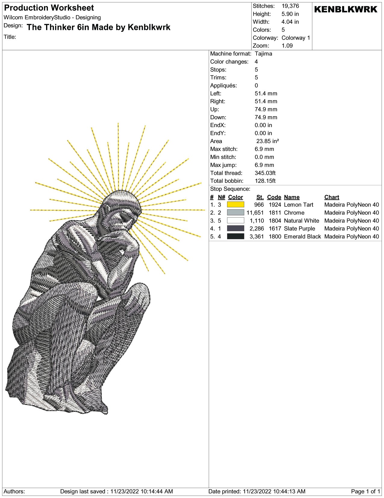 The Thinker Embroidery Design Files - 2 Size's