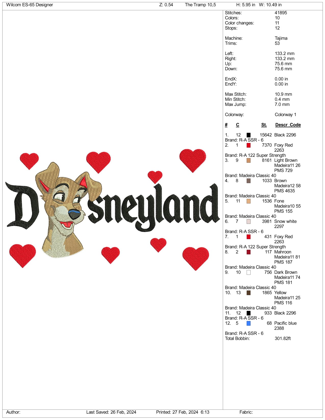 Tramp Disneyland Embroidery Design Files - 3 Size's