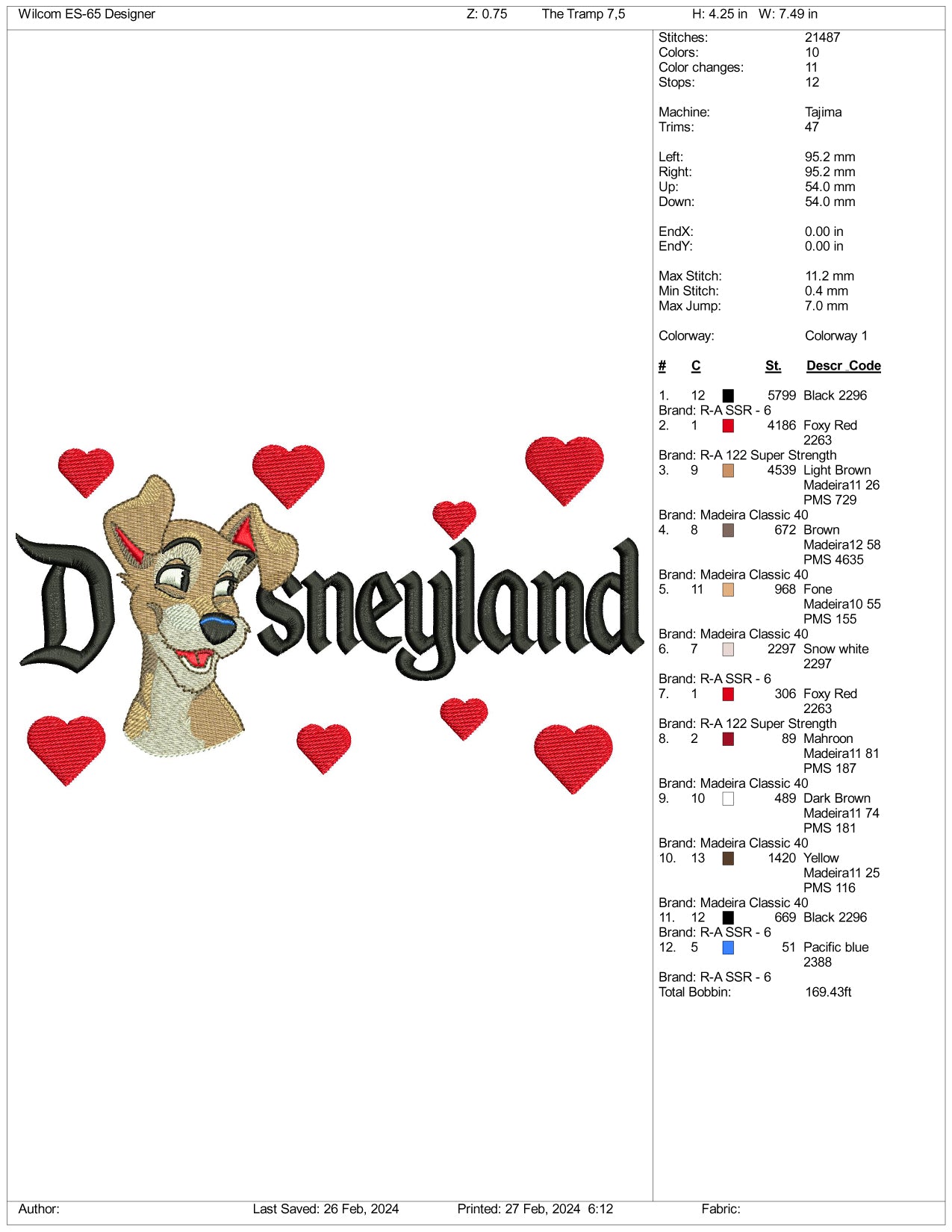 Tramp Disneyland Embroidery Design Files - 3 Size's