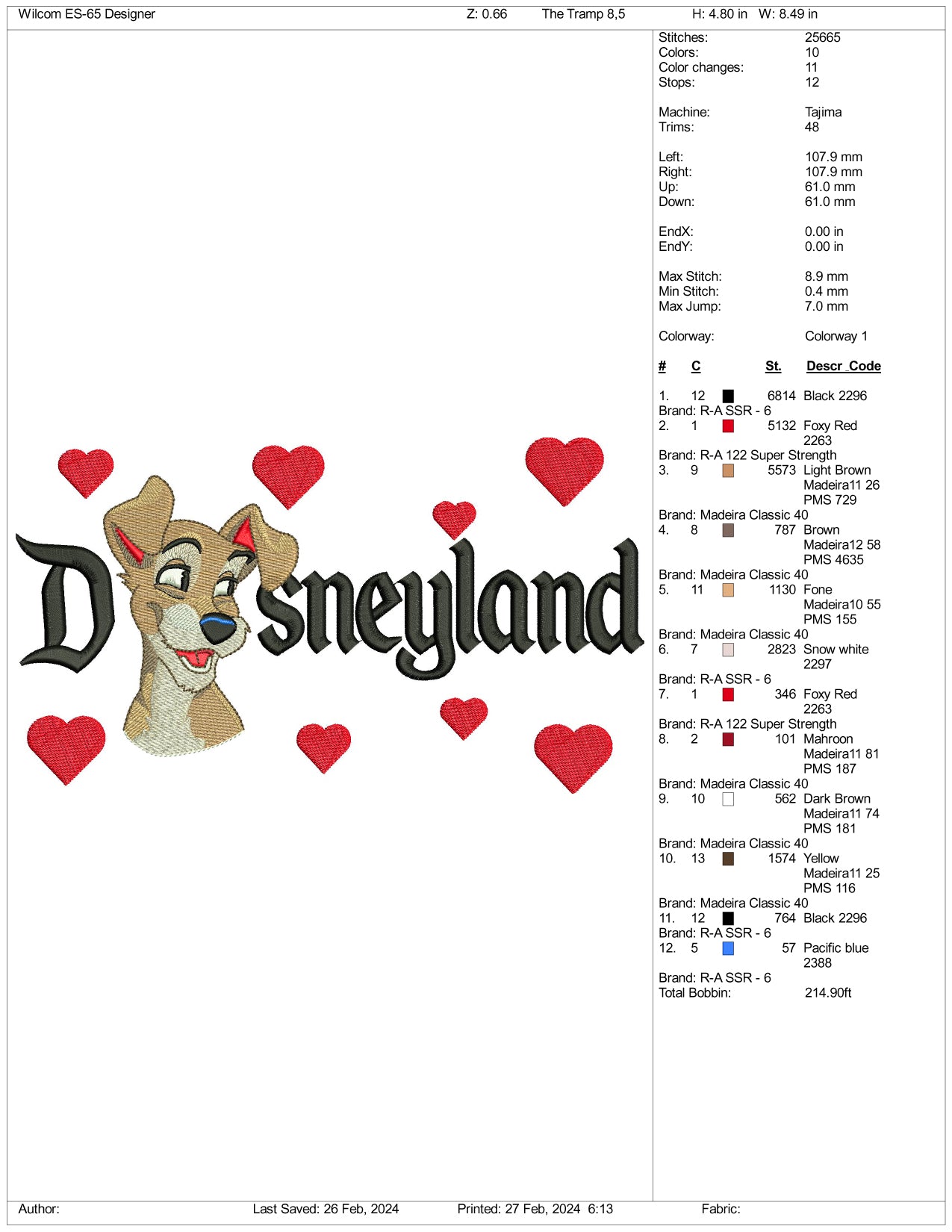 Tramp Disneyland Embroidery Design Files - 3 Size's