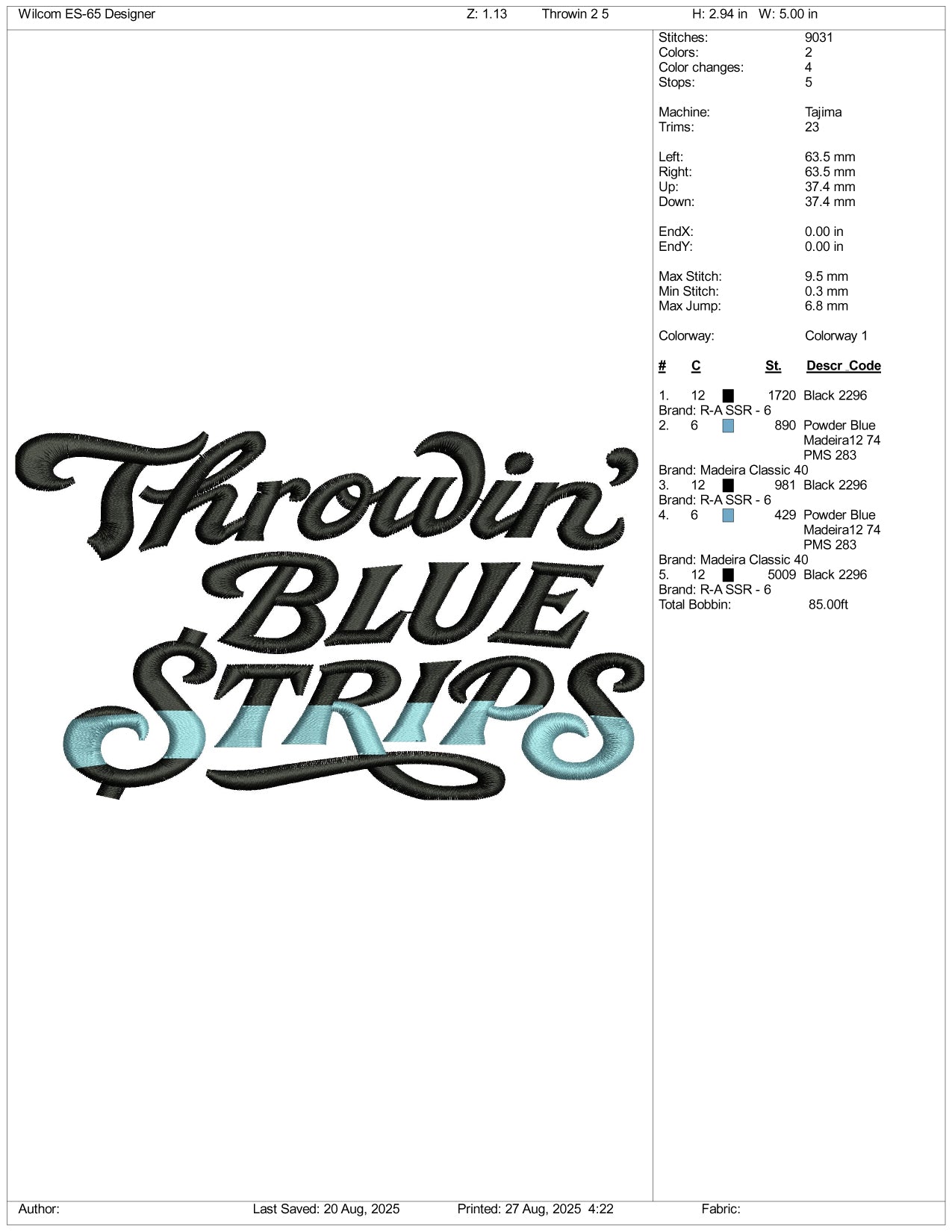 Throwin Blue Strips v2 Embroidery Design Files - 3 Size's