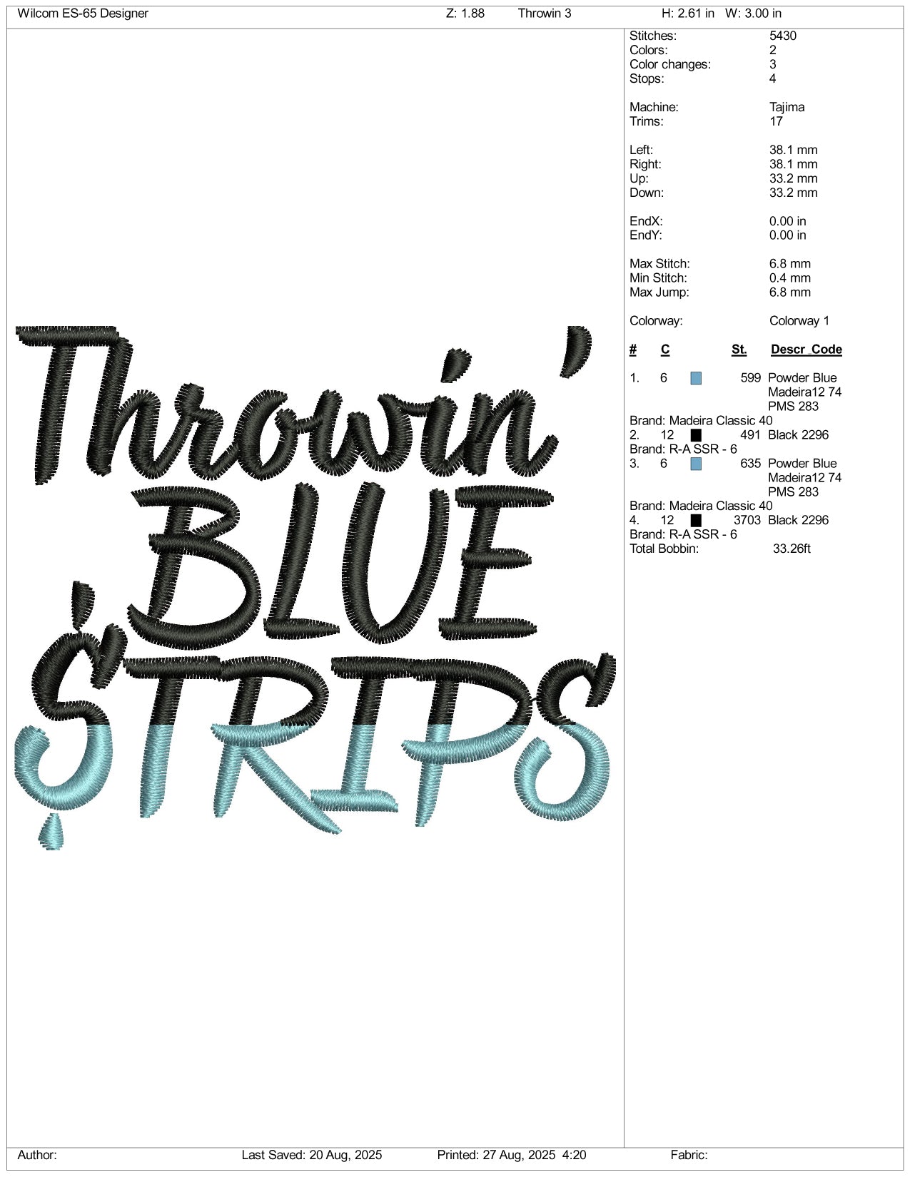 Throwin Blue Strips Embroidery Design Files - 3 Size's