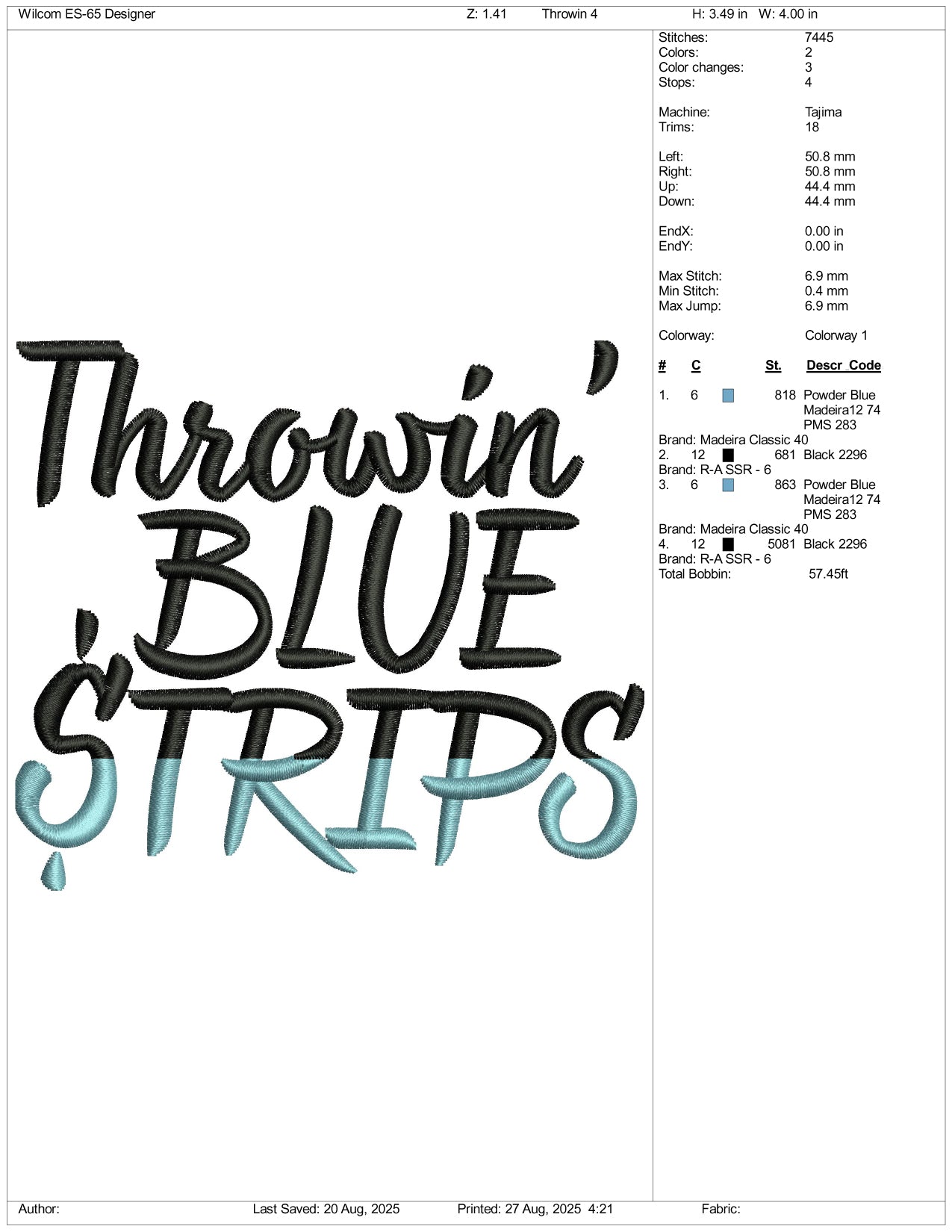 Throwin Blue Strips Embroidery Design Files - 3 Size's