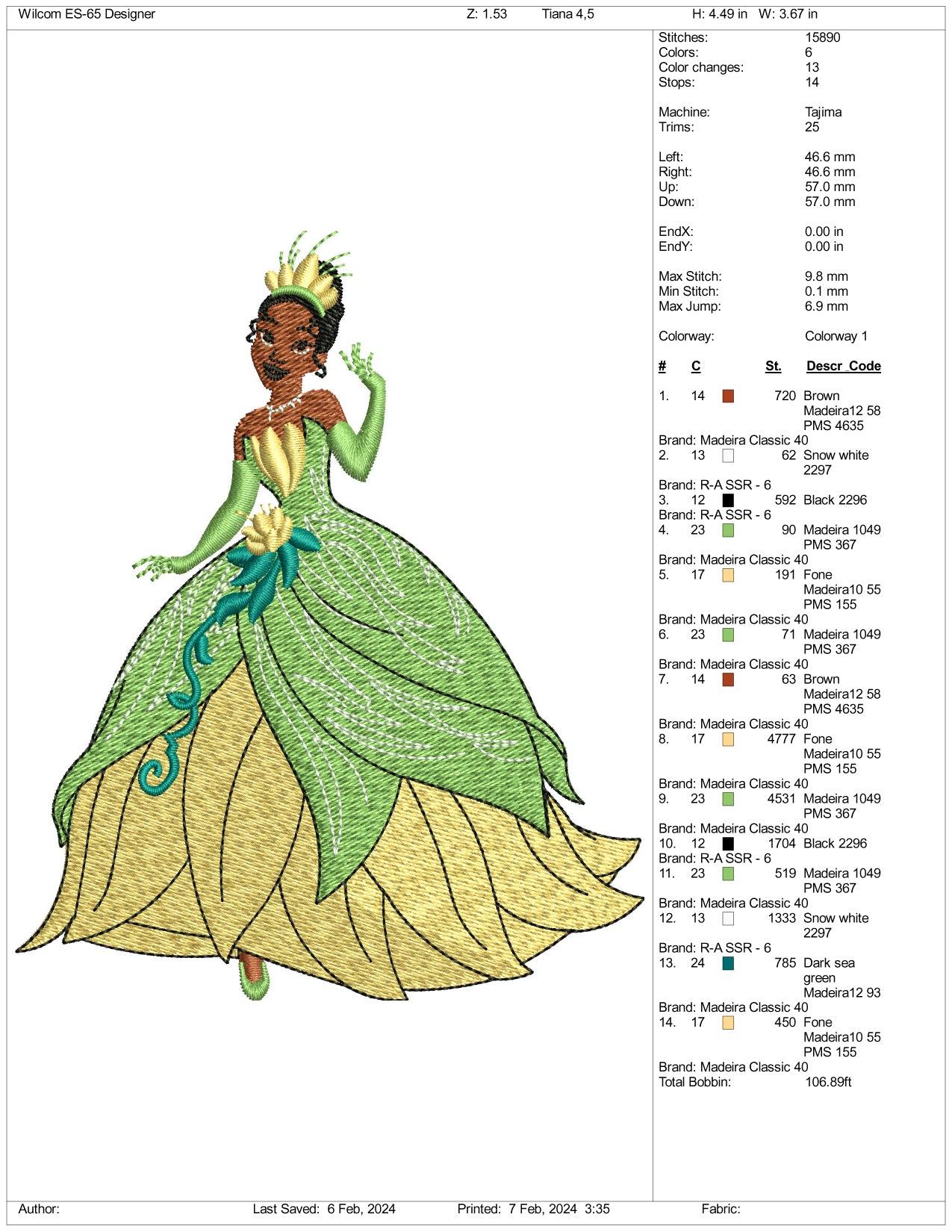 Princess Tiana Embroidery Design Files - 3 Size's