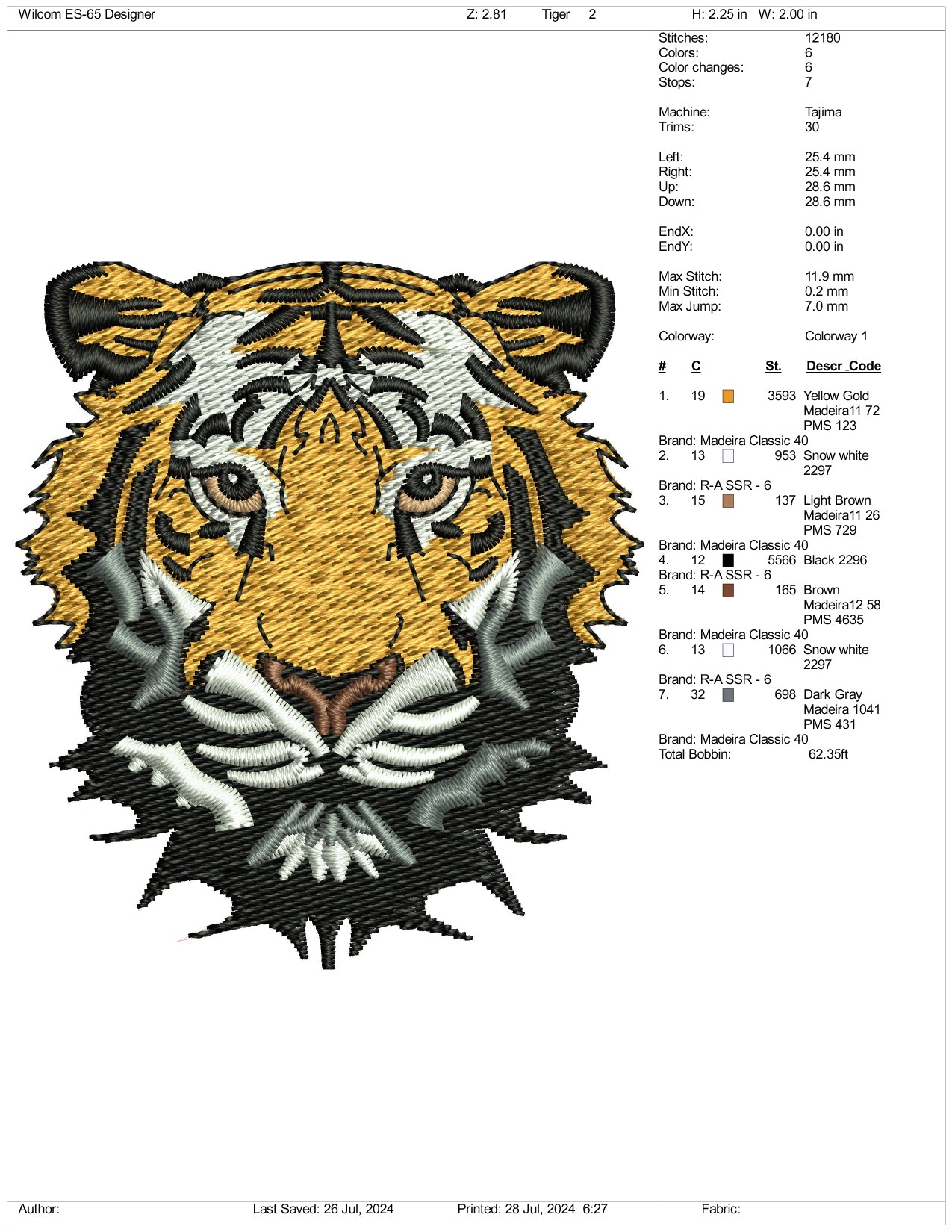 Tiger Face v2 Embroidery Files - 3 Size's