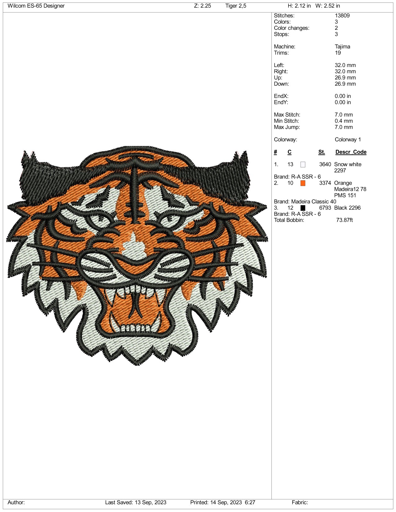 Tiger Face Embroidery Design Files - 3 Size's