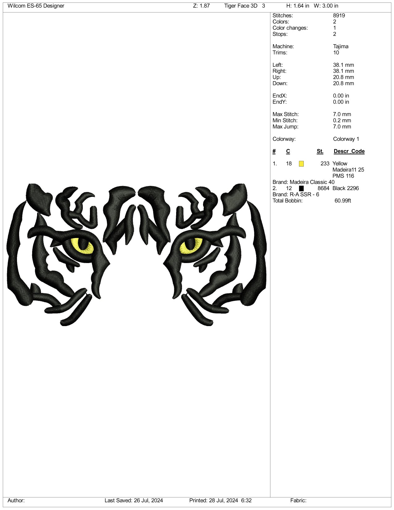 Tiger Face v3 Embroidery Files - 3 Size's