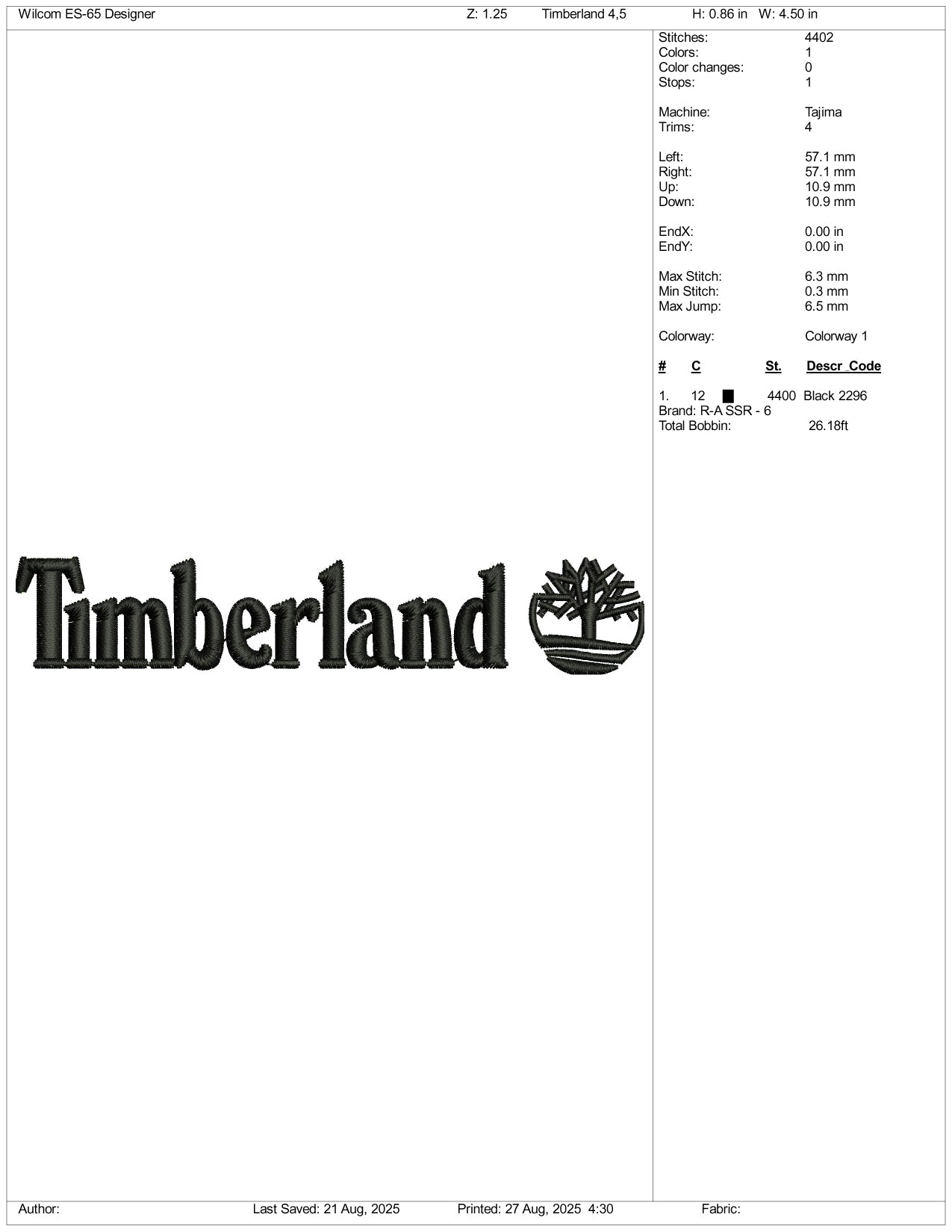 Timberland Embroidery Design Files - 3 Size's