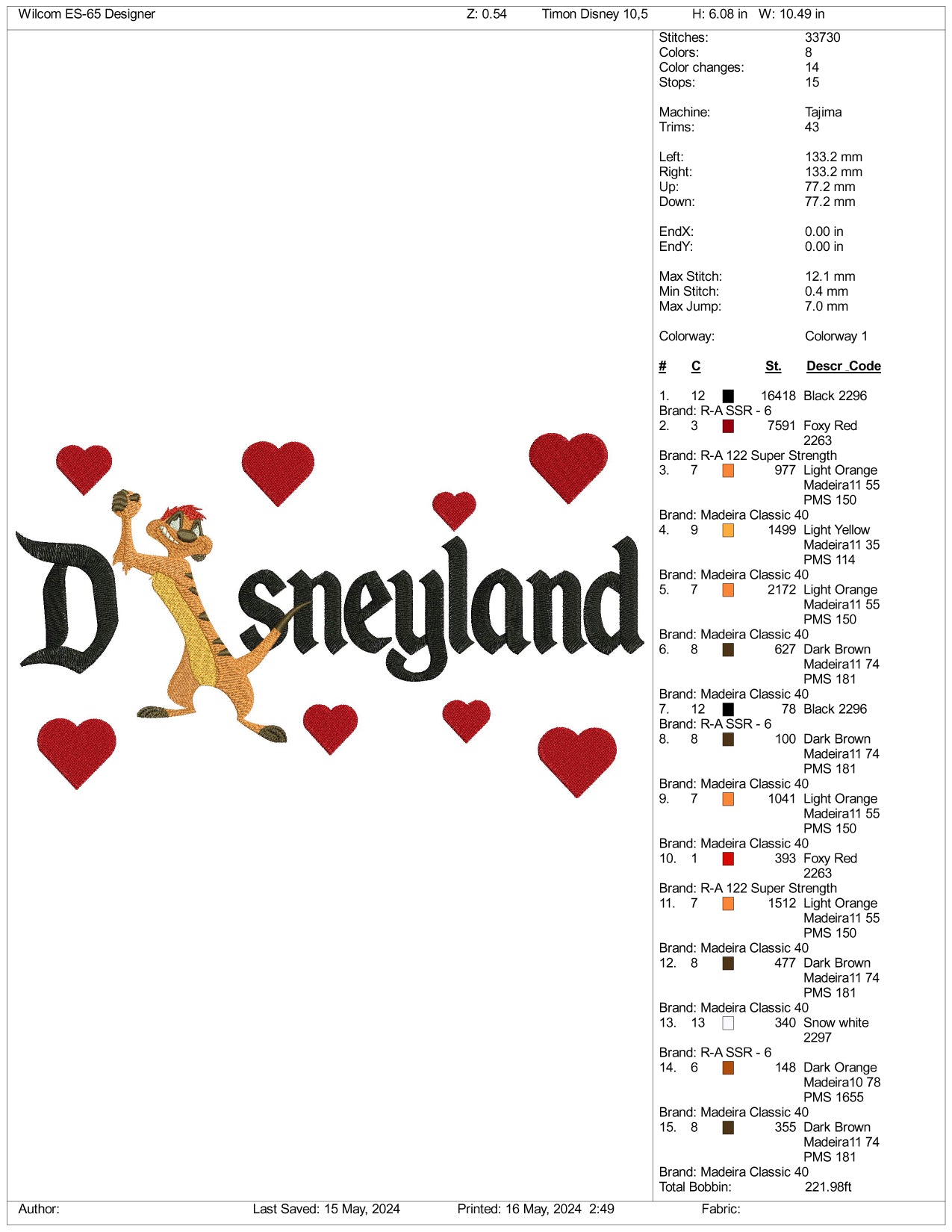 Timon Disneyland Embroidery Design Files - 3 Size's