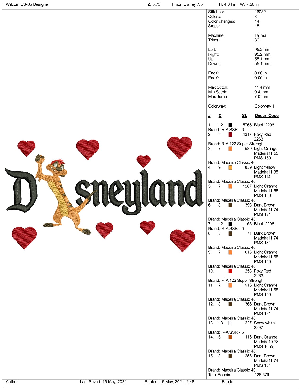 Timon Disneyland Embroidery Design Files - 3 Size's