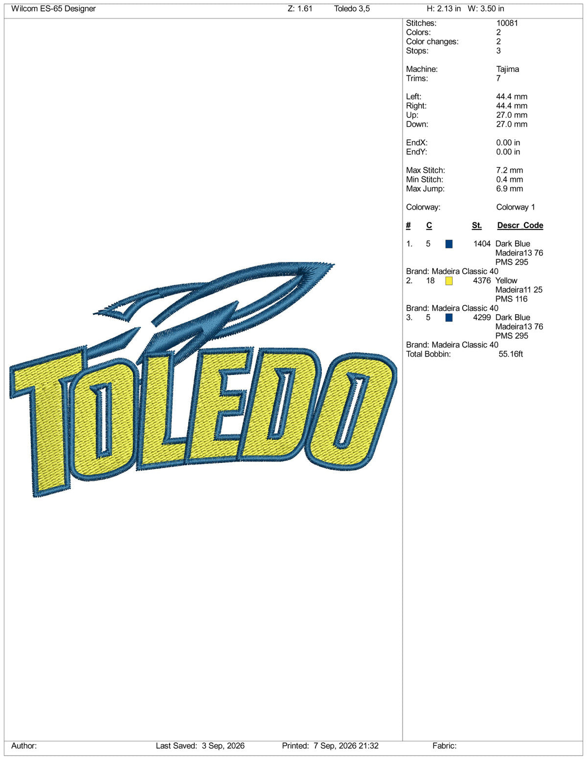 Toledo Logo Embroidery Design Files - 3 Size's