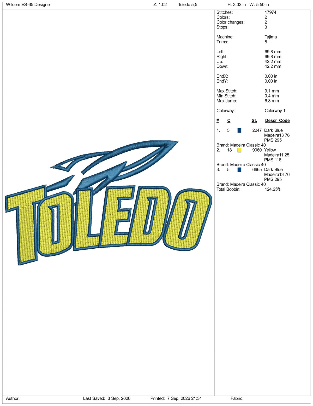 Toledo Logo Embroidery Design Files - 3 Size's