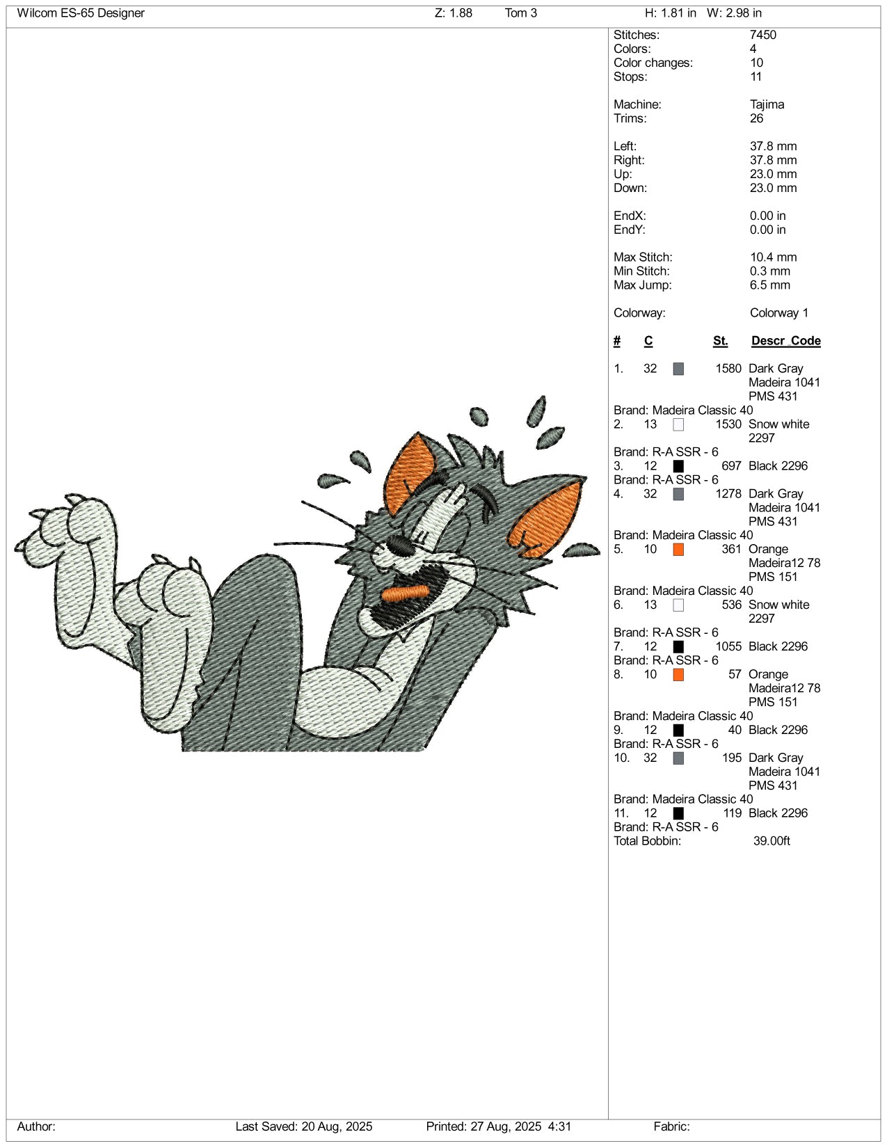 Tom v2 Embroidery Design Files - 3 Size's