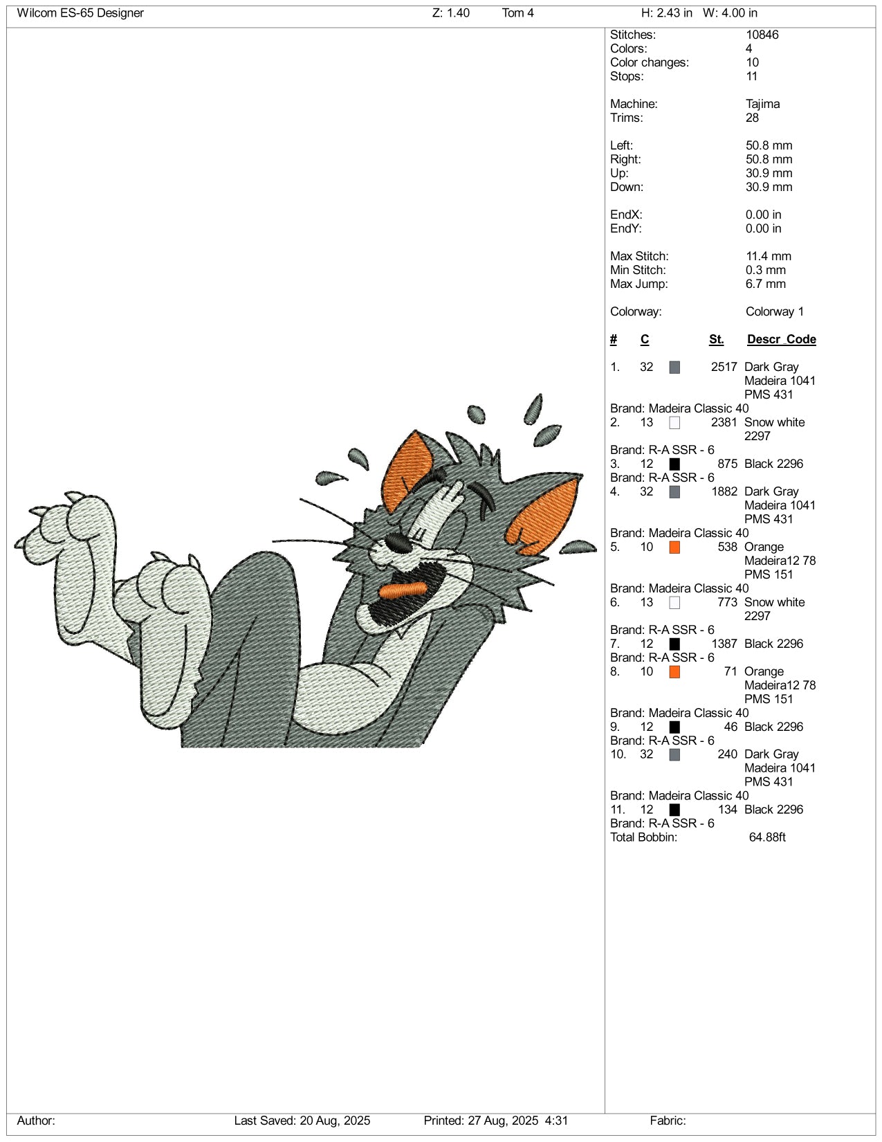 Tom v2 Embroidery Design Files - 3 Size's