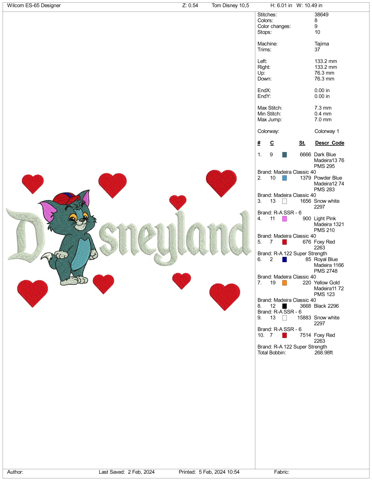 Chibi Tom Disneyland Embroidery Design Files - 3 Size's