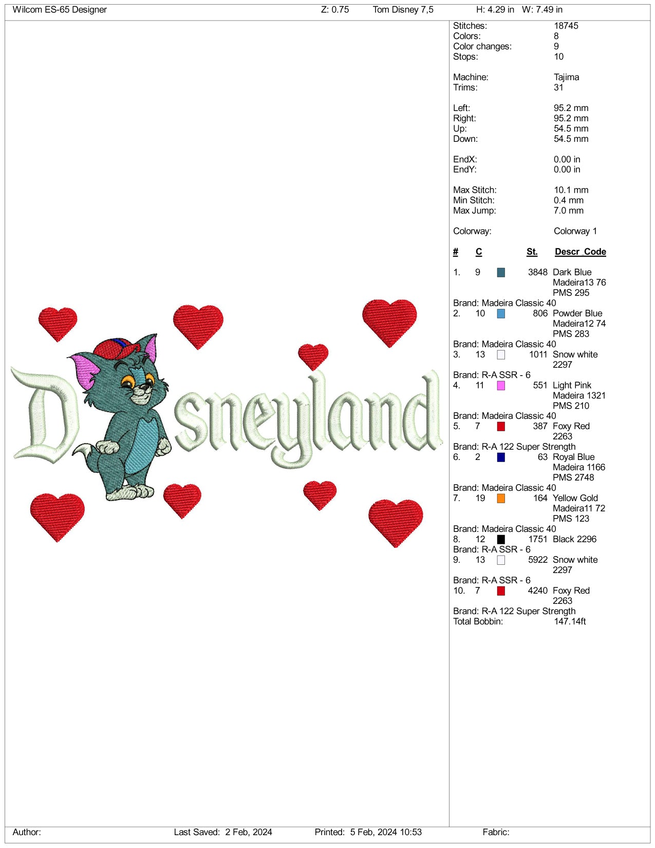 Chibi Tom Disneyland Embroidery Design Files - 3 Size's