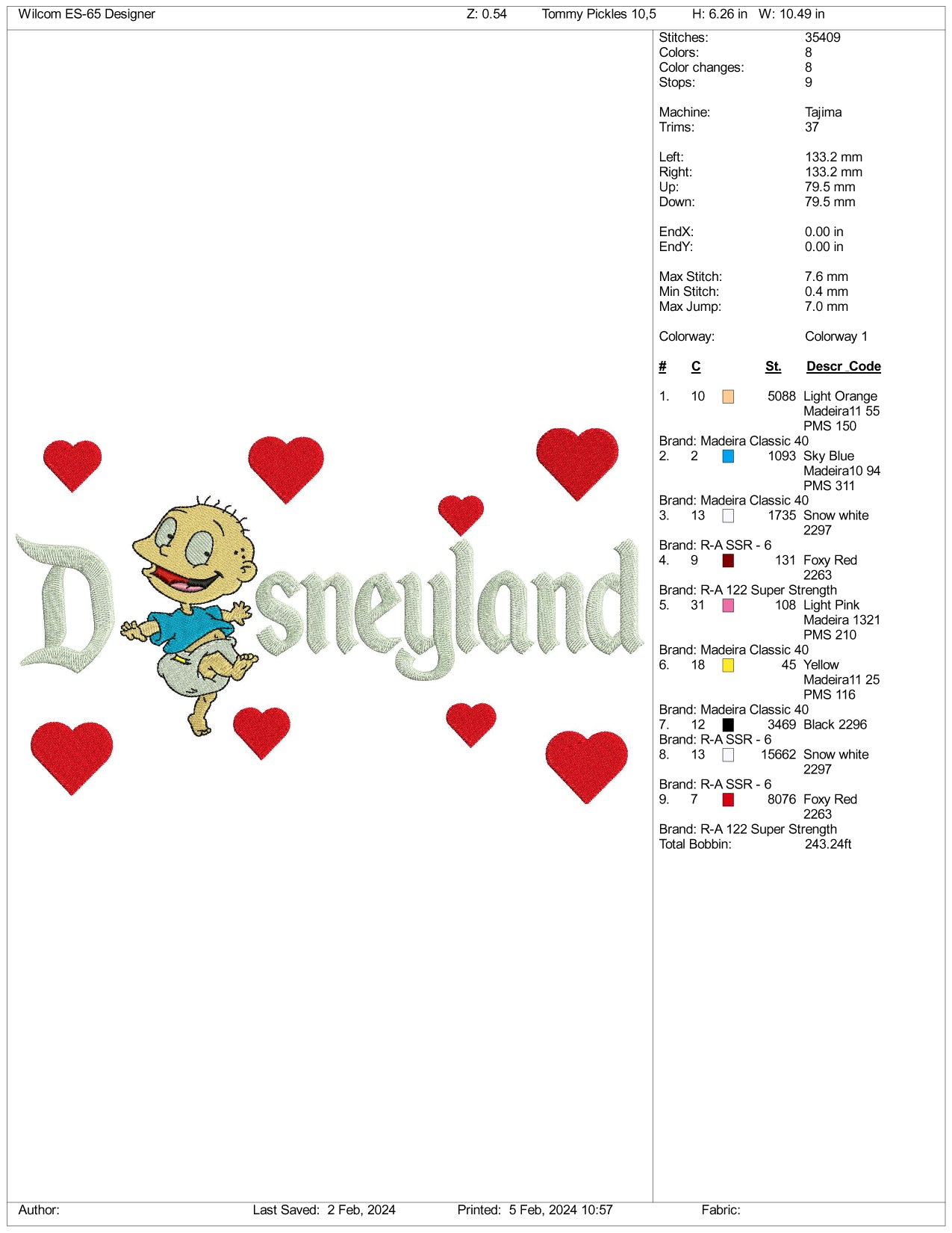 Tommy Pickles Disneyland Embroidery Design Files - 3 Size's